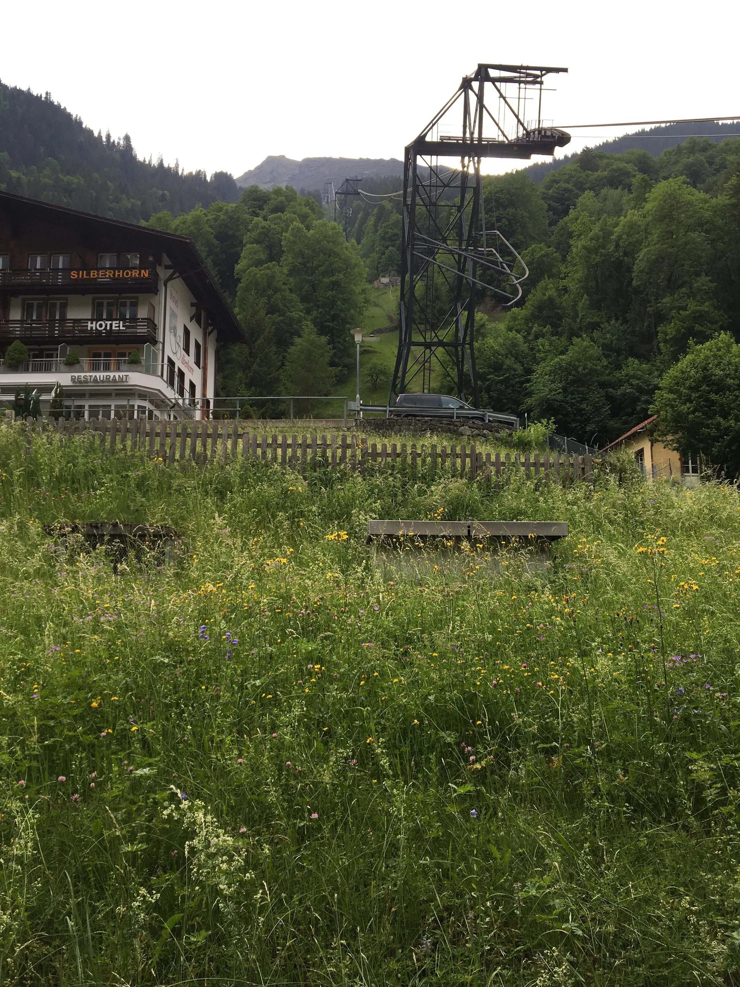 If the tram to Mürren fails, it is coming through our bedroom windows. You can see how close it is to us. It is very quiet. You never know it is moving.