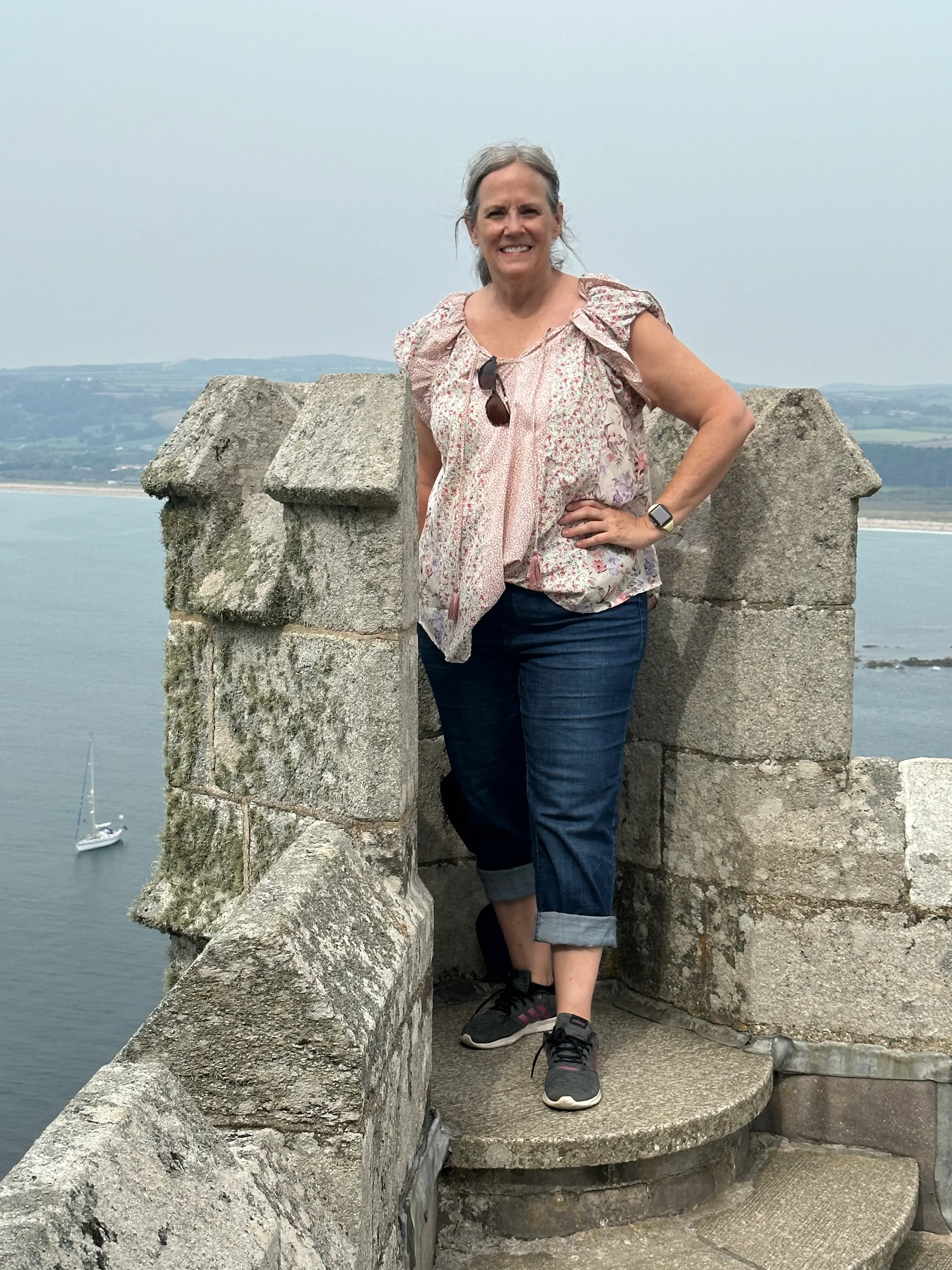 Denise getting some nice sea air overlooking the bay at St. Michaels Mount.
