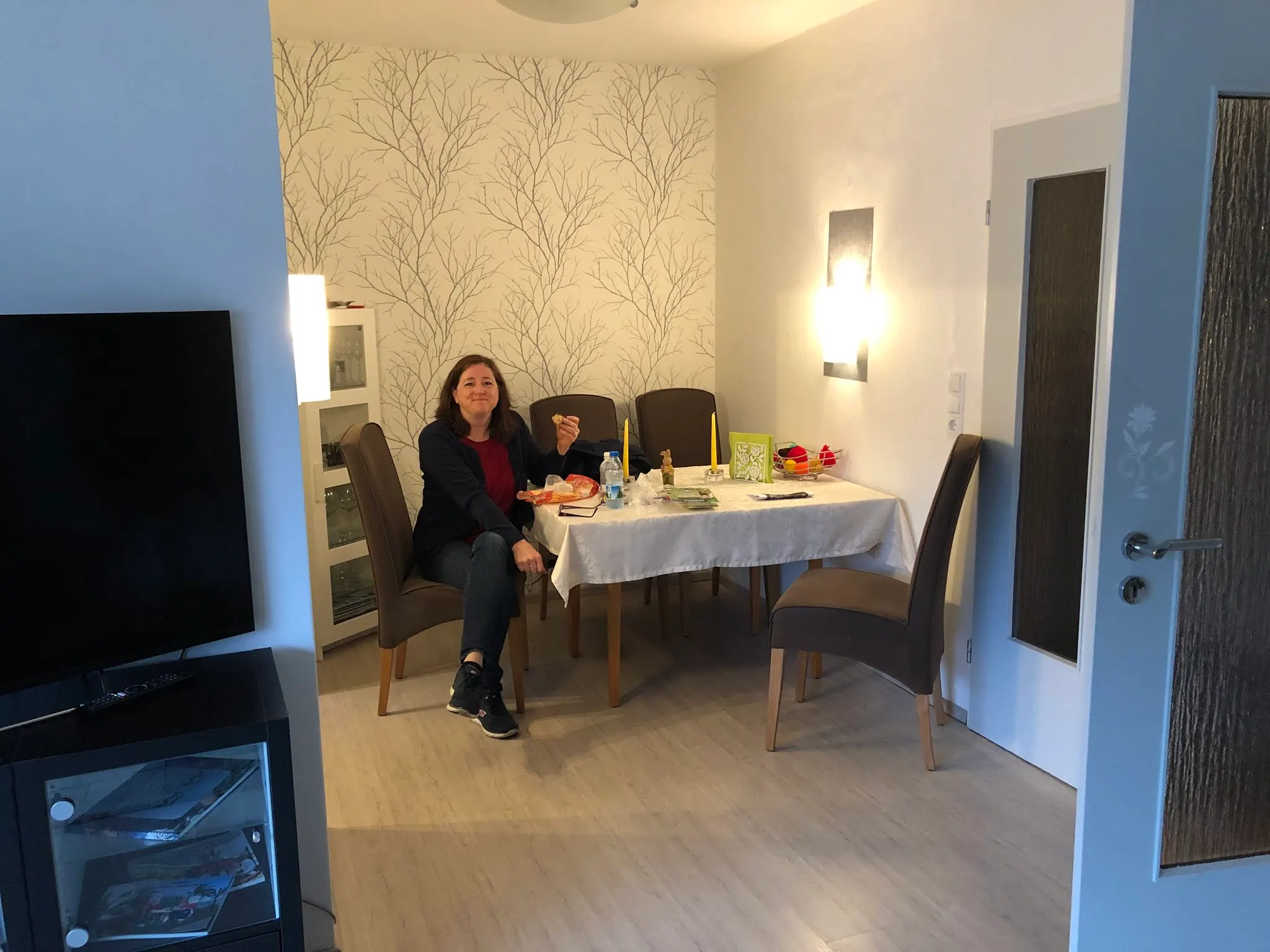 Bremen dining area. Ilene enjoying it.