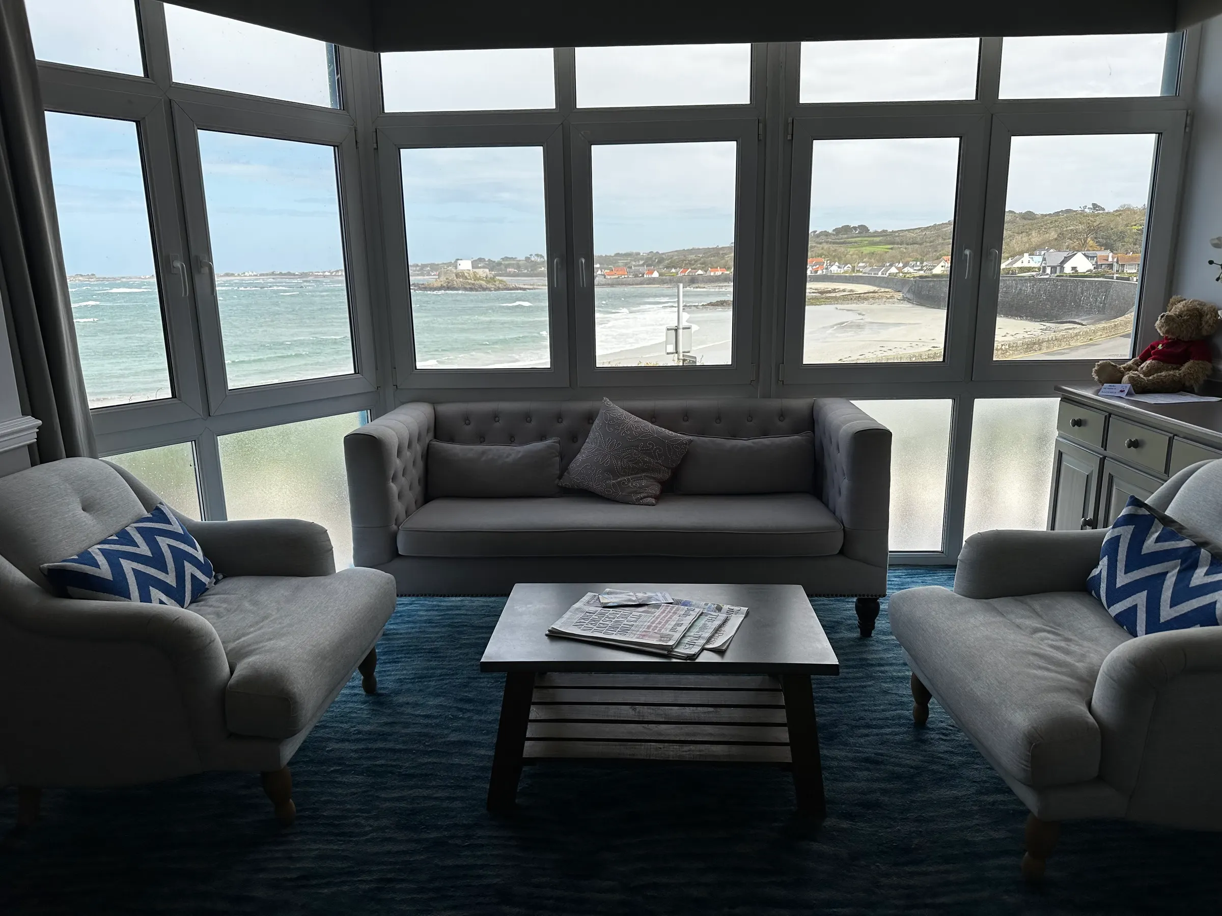 A view from inside the Hotel lobby of the bay outside our door.