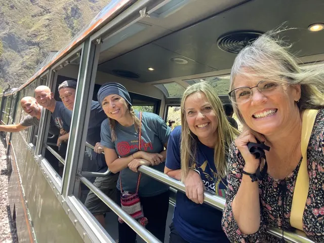 This is a picture of us in a car on the train from MP to Ollantaytambo that was designed to let people stand and see a Panasonic view. We tried to hang our heads outside the train since the windows are open.