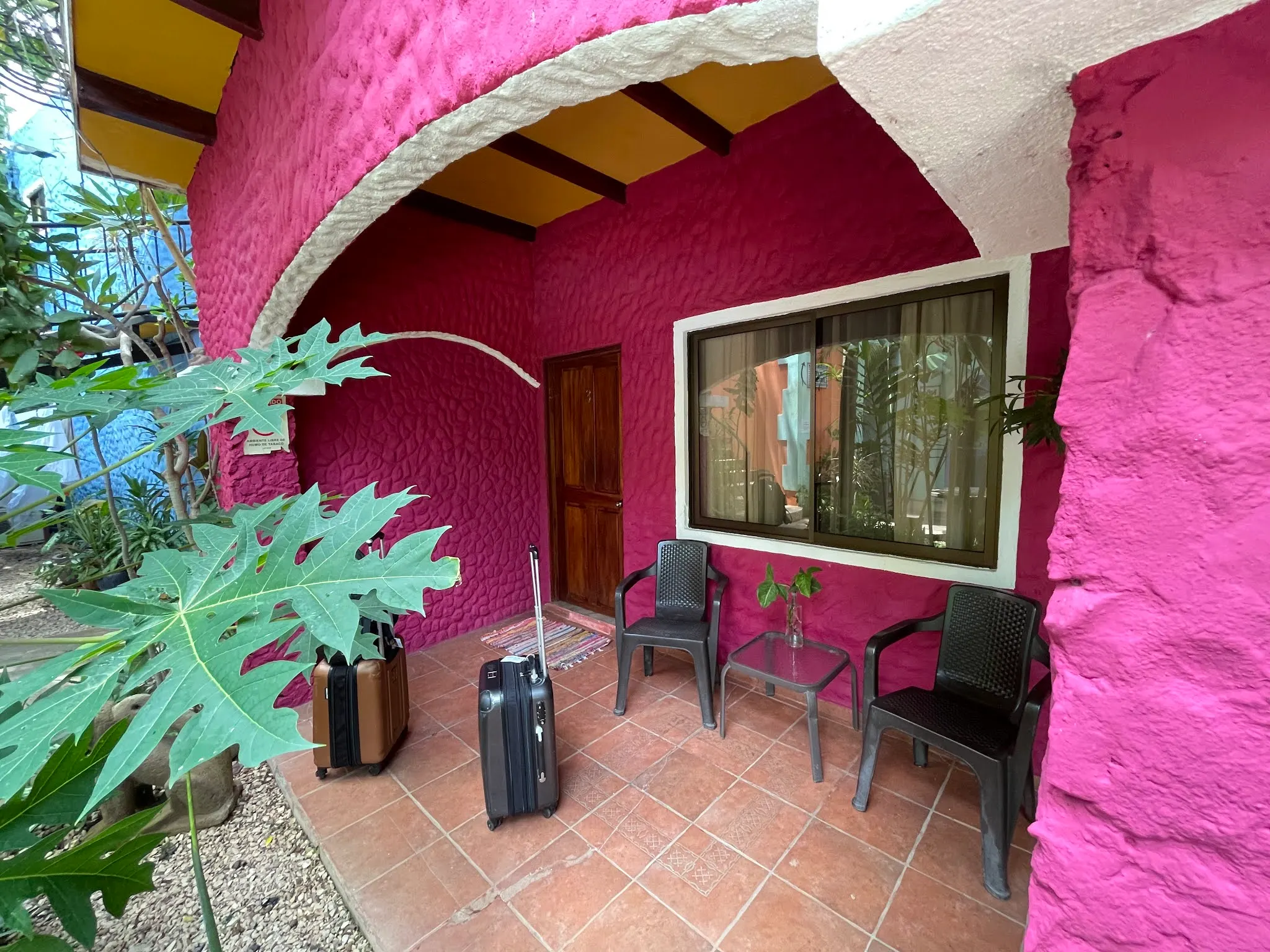 This was the entrance to our hotel the past two nights at Hotel Conchal. We were in the very corner room. The pool is right behind Denise who took this picture.