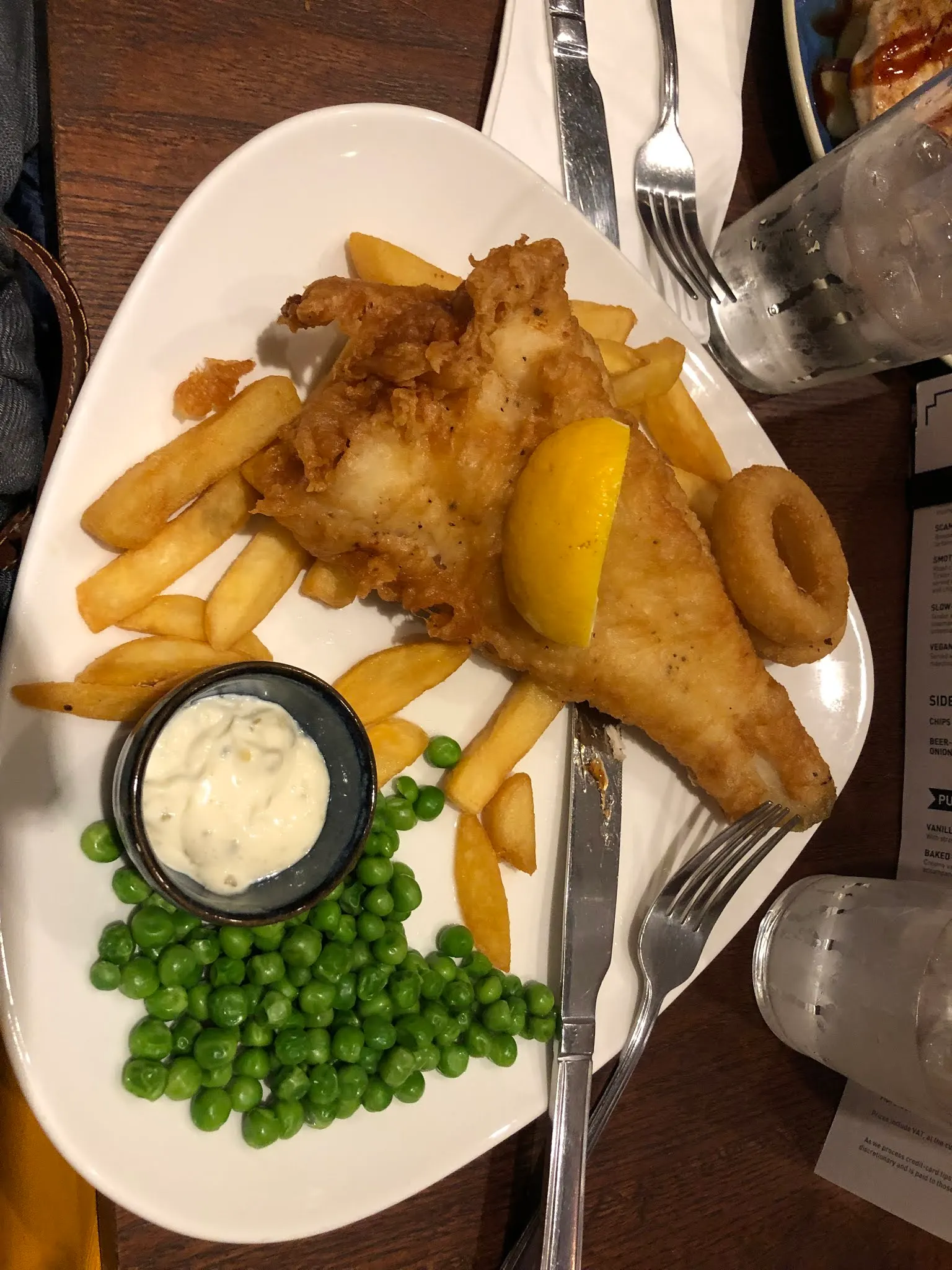 Denise’s final dinner in a pub...Fish, Chips and Peas.