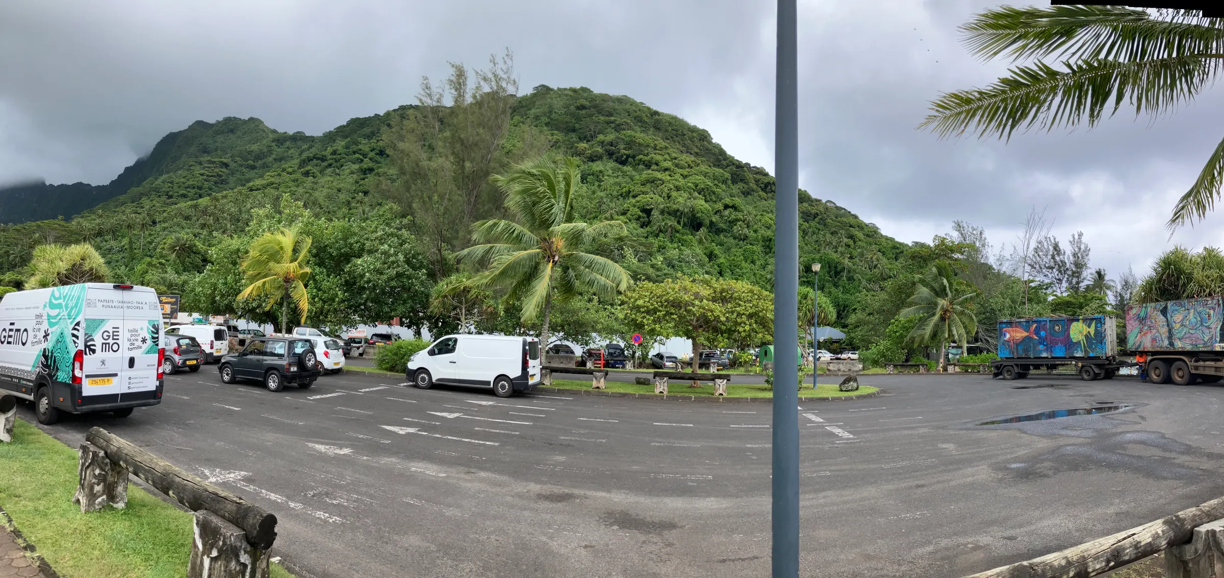 This is the parking lot where we waited to load our cars. You can see the green of the scenery and the clouds that just get rolling in.