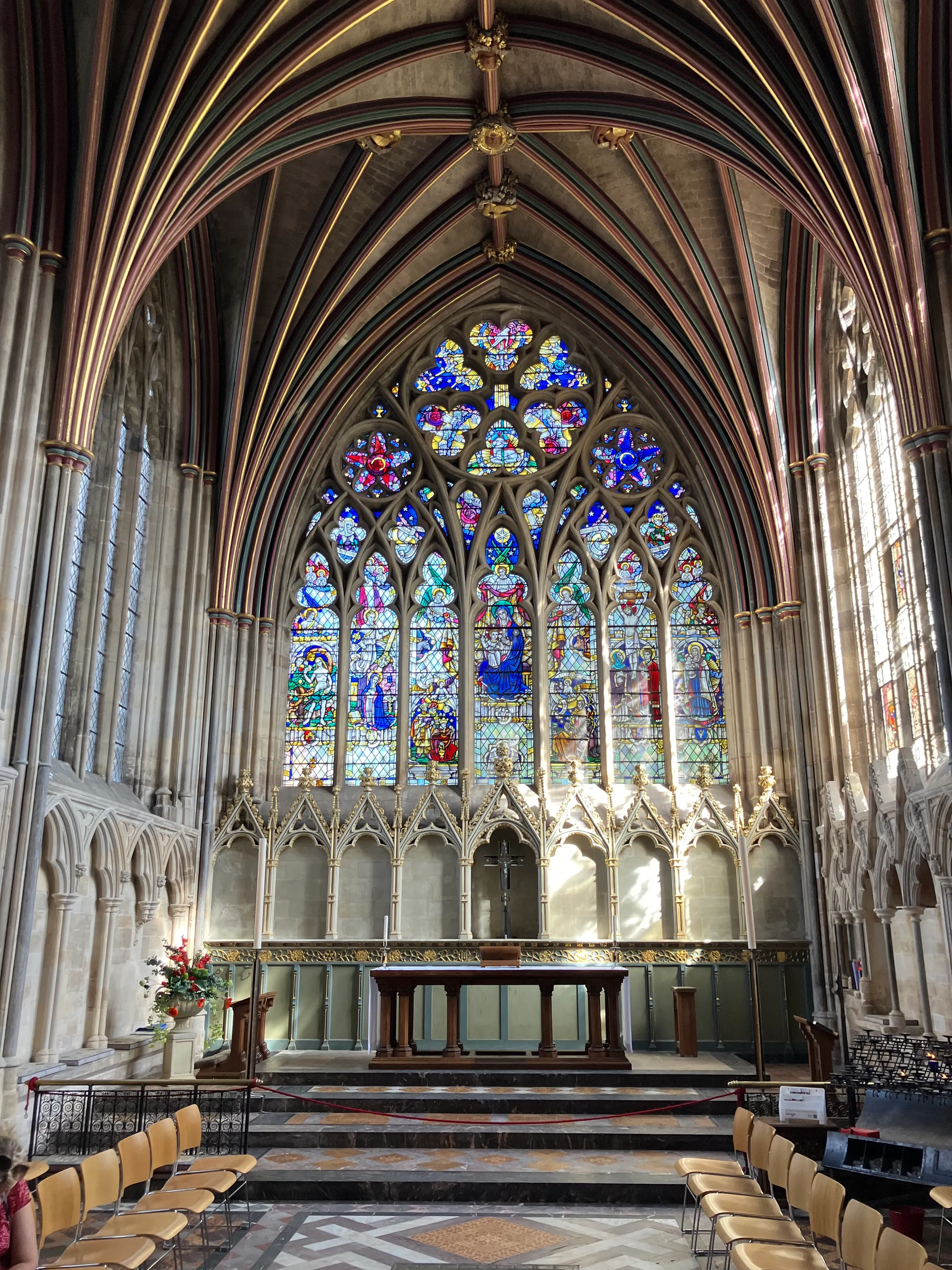 Inside Exeter Cathedral. Beautiful stained glass windows through out.