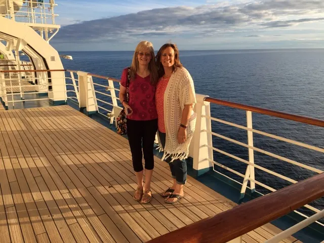 Nadine and Denise on the deck looking out over the sea....