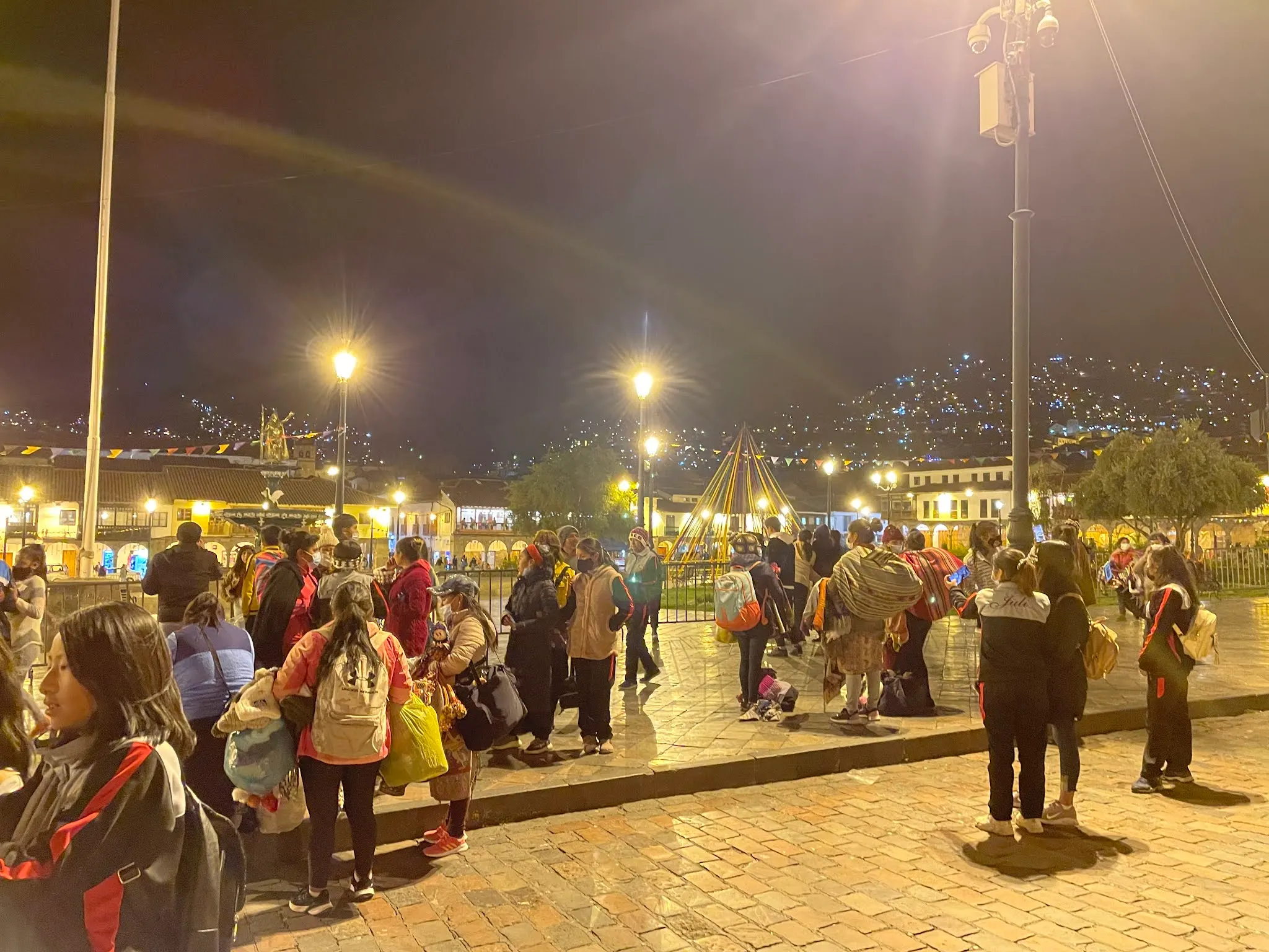 Another picture of the Plaza de Armas….but look in the background as the lights go up the hill. Cusco center sits down in a valley and lots of homes on hills all around.