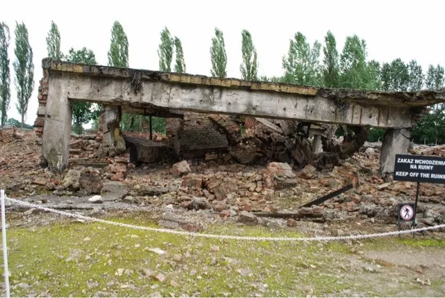 Part of the crematorium. When the Nazis realized that their work was being discovered, they tried to destroy as much of this camp as possible. They dynamited these structures.