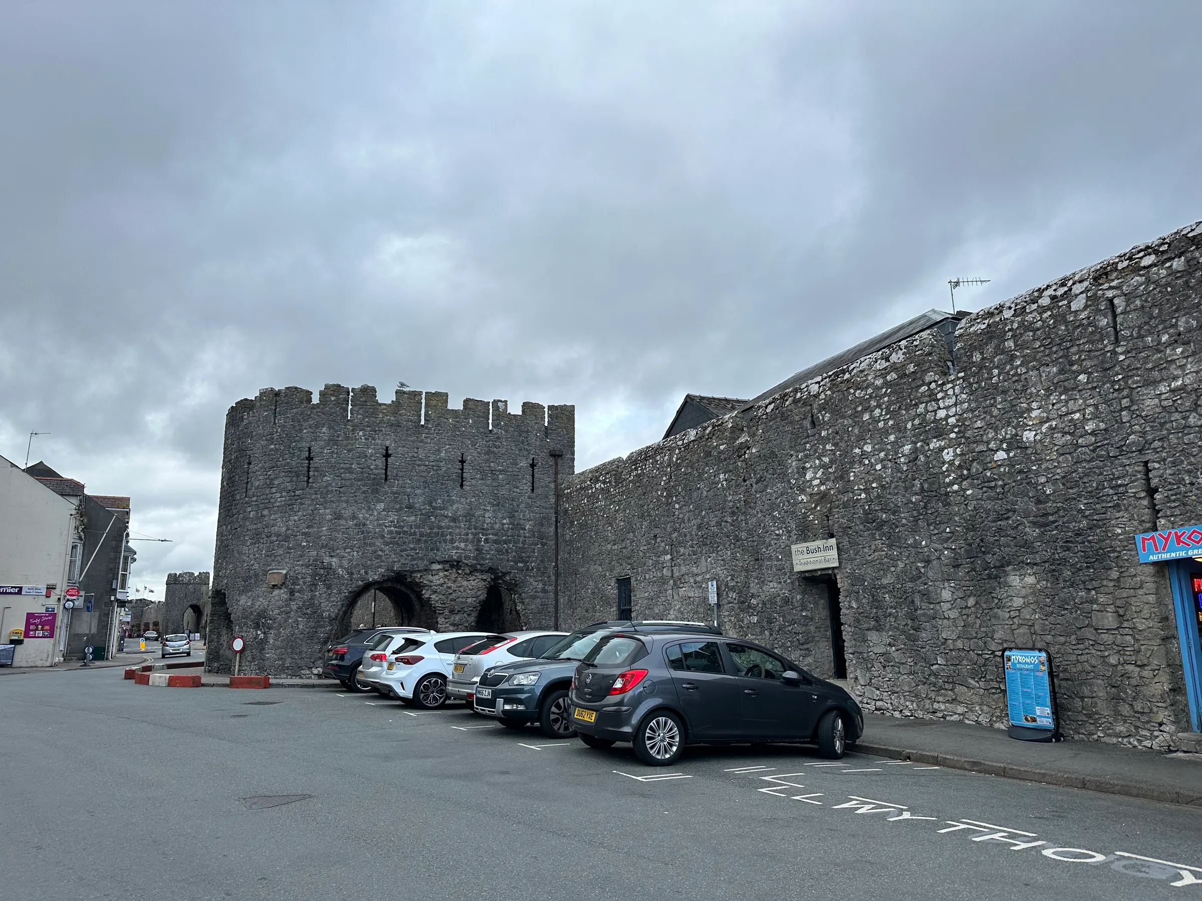 Our parking lot. Cool castle-like wall nearby.