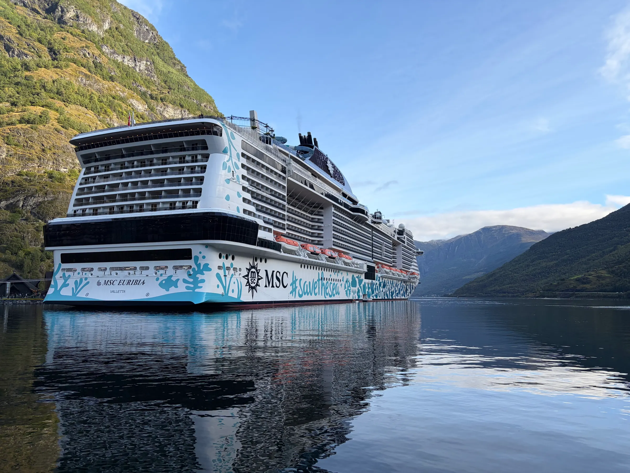Our ship. Look at the glassy water. This fjord is the deepest Norway fjord…over 1500 meters deep.