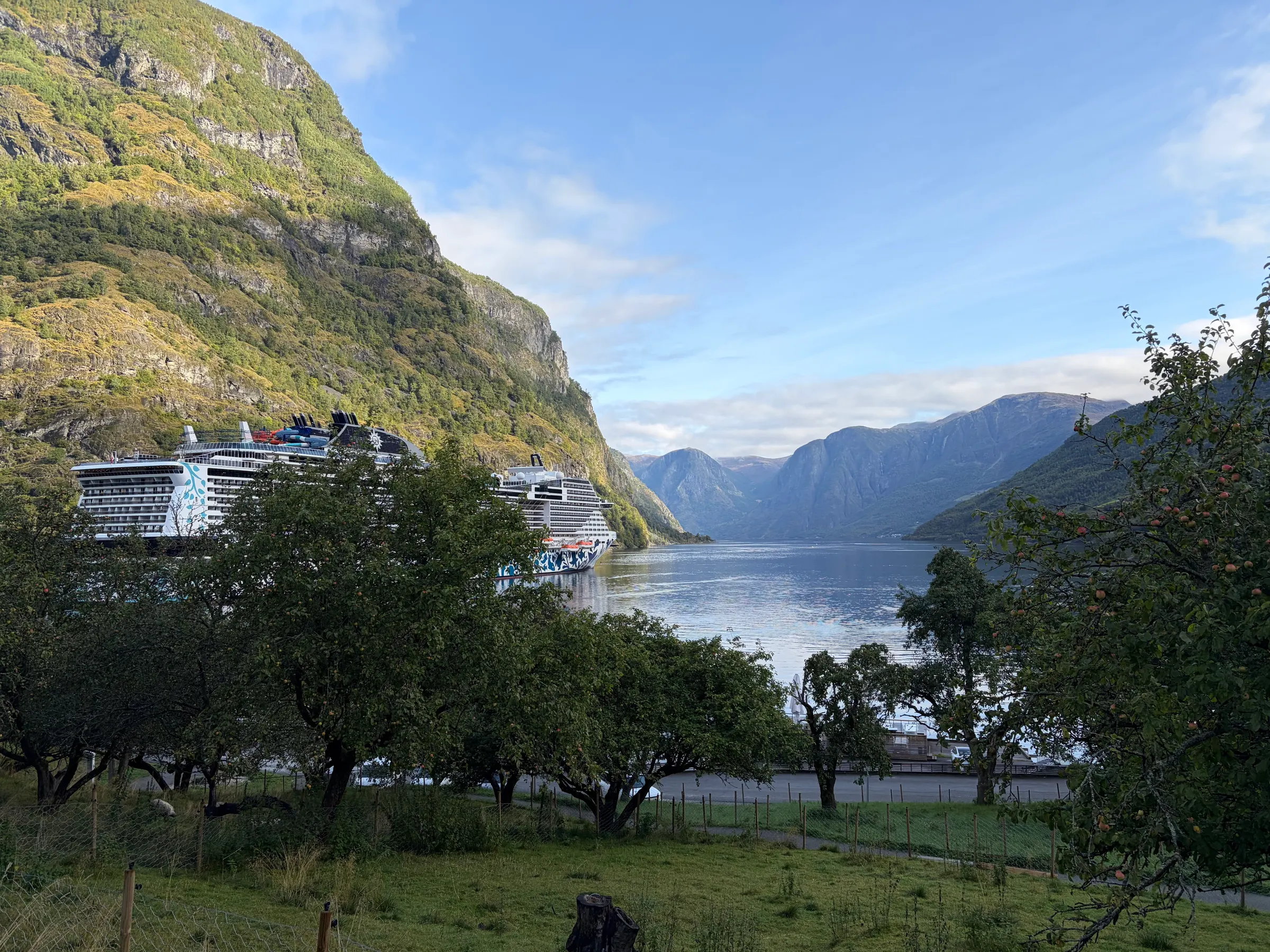 You can see the cruise ship docked at the end of this fjord. It is a pretty place, Flaam is.
