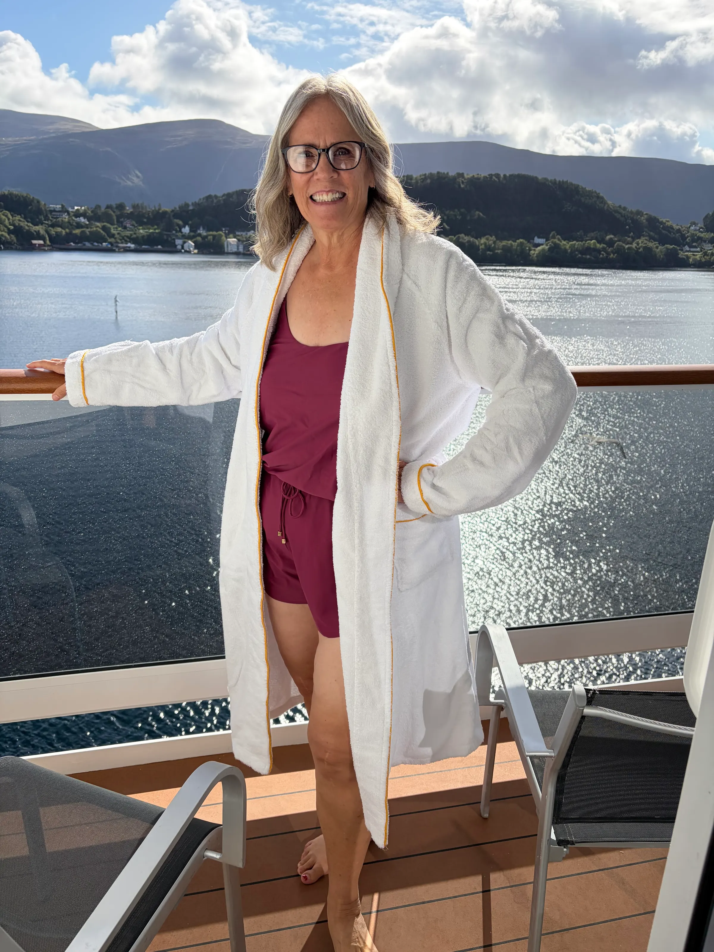 Denise getting ready to return to the spa. They gave her a robe and told her to come back to the cabin to change before returning. Lovely lady she is!