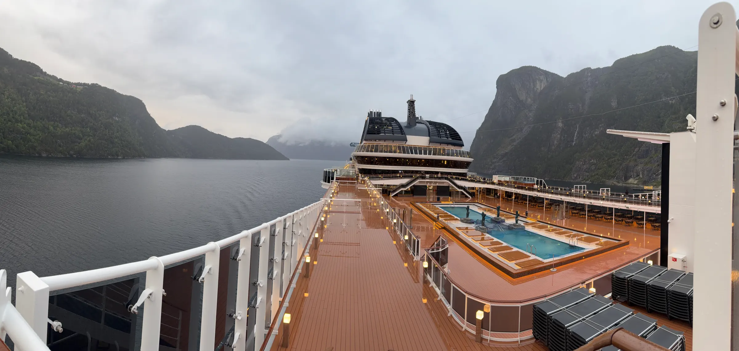 Cruising through this fjord. It was gray in the morning but cleared fairly nicely in the evening.