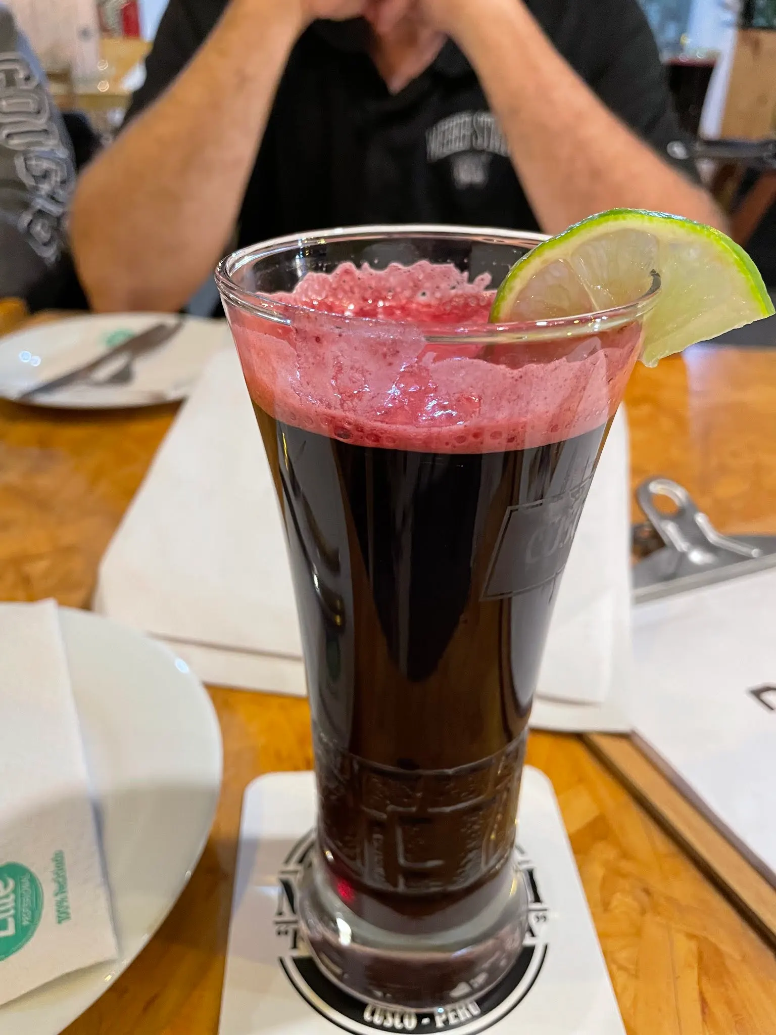 This is a native Peruvian drink. It is purple in color and had a very nice taste. It is called Chickamorada and it is also called ‘Purple Corn’ drink.