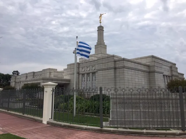 Uruguayan flag in corner of temple lot. It turns out that this site has a temple, big chapel, church offices, patron housing, mission offices for two missions and a distribution center. Key location for our church down here.