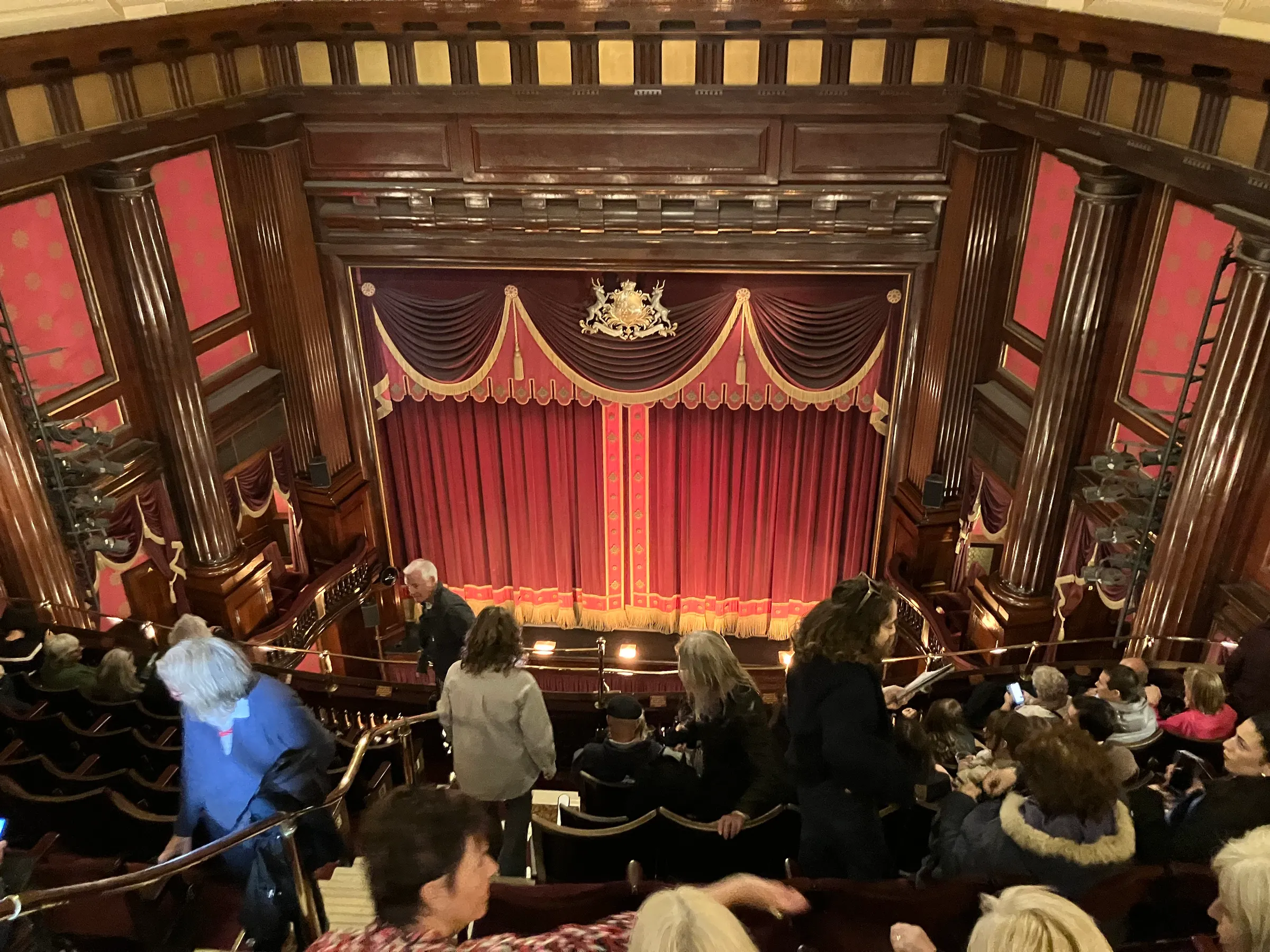 This was the theater for Mousetrap. We were on row A in the Grand Circle. Sounds good…right. Not so much. You can see the gold railing down below…we had to look through that to see the play the whole night. And this theater was not designed for guys with long legs!