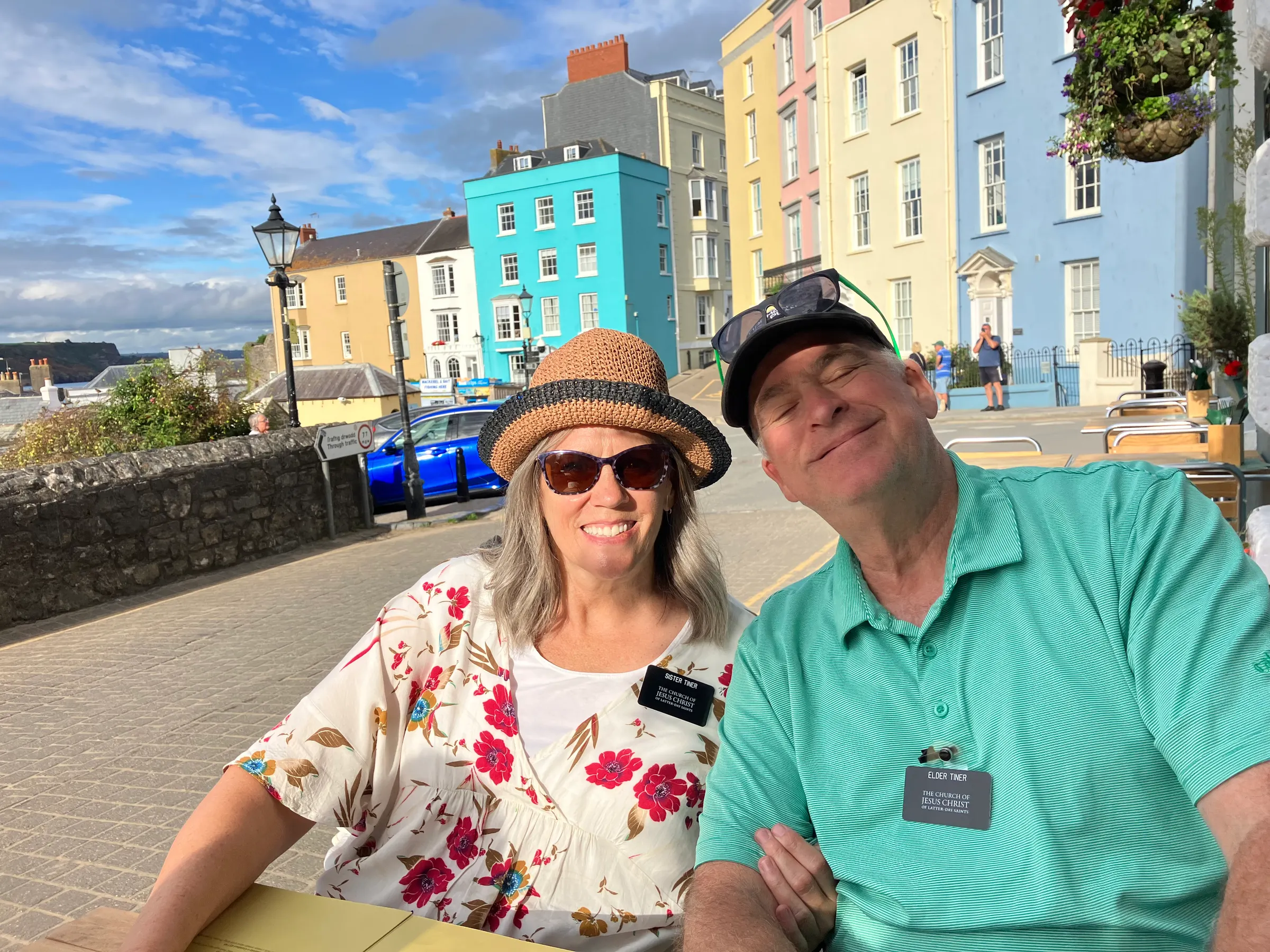 Enjoying Tenby seaside restaurant.