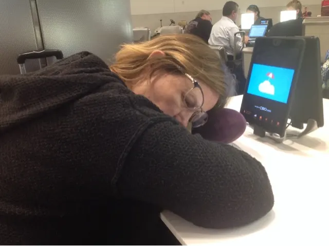 This picture describes our day....almost 24 hours of hotels and airports.