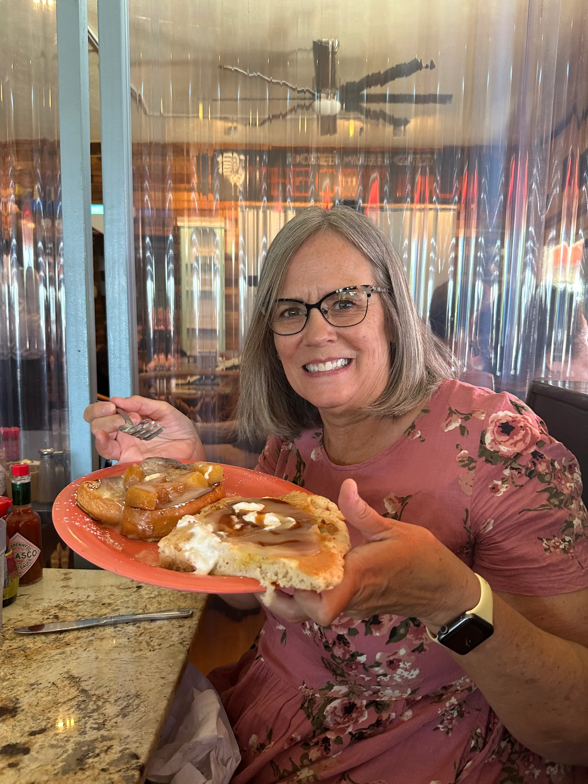 Denise shared dishes with Ilene. One got the huge pancake and the other got waffles.