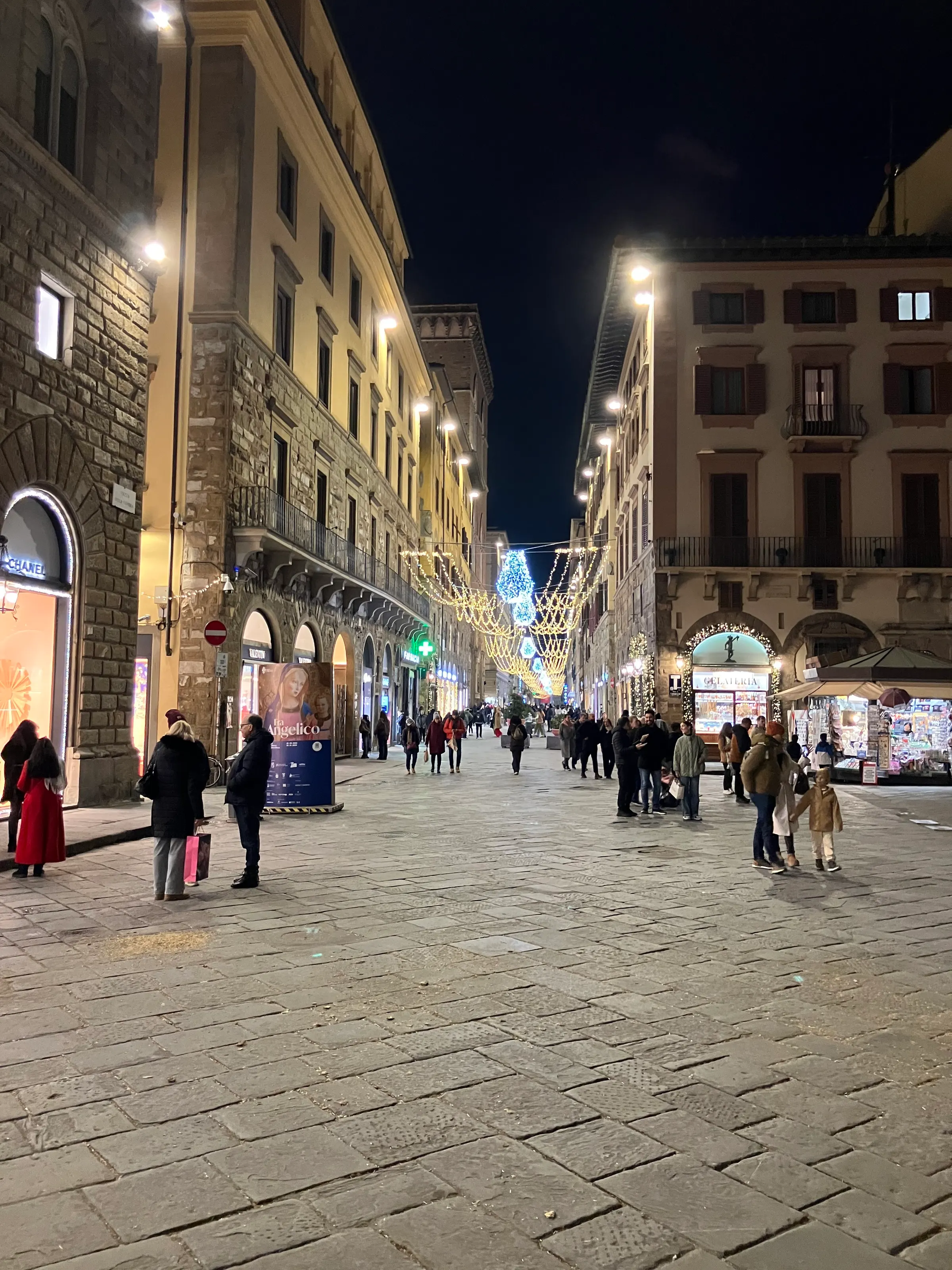 One of the Christmas lit streets in the town center. A lot of the streets have Christmas lights over them.
