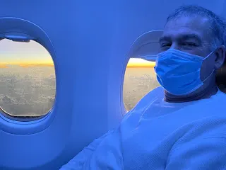 I’ve always wanted to be in the ‘Blue Man Group’! Kicking back on the plane.