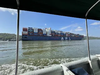 Us passing one of the large container ships on our way to Monkey Islands. We passed a number of these ships as we came and went today.