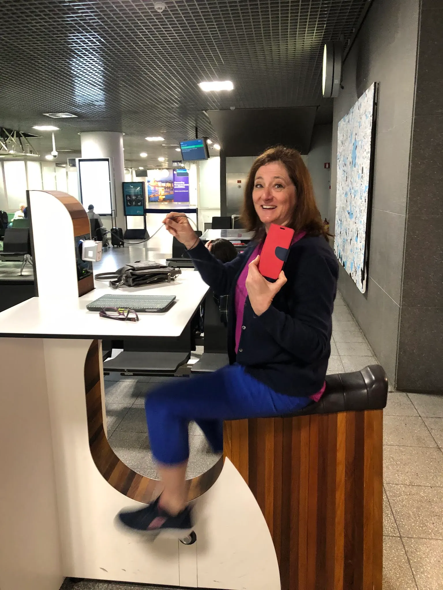 To power your devices, you had to pedal a bike. Ilene and Denise was all over it in the train station.