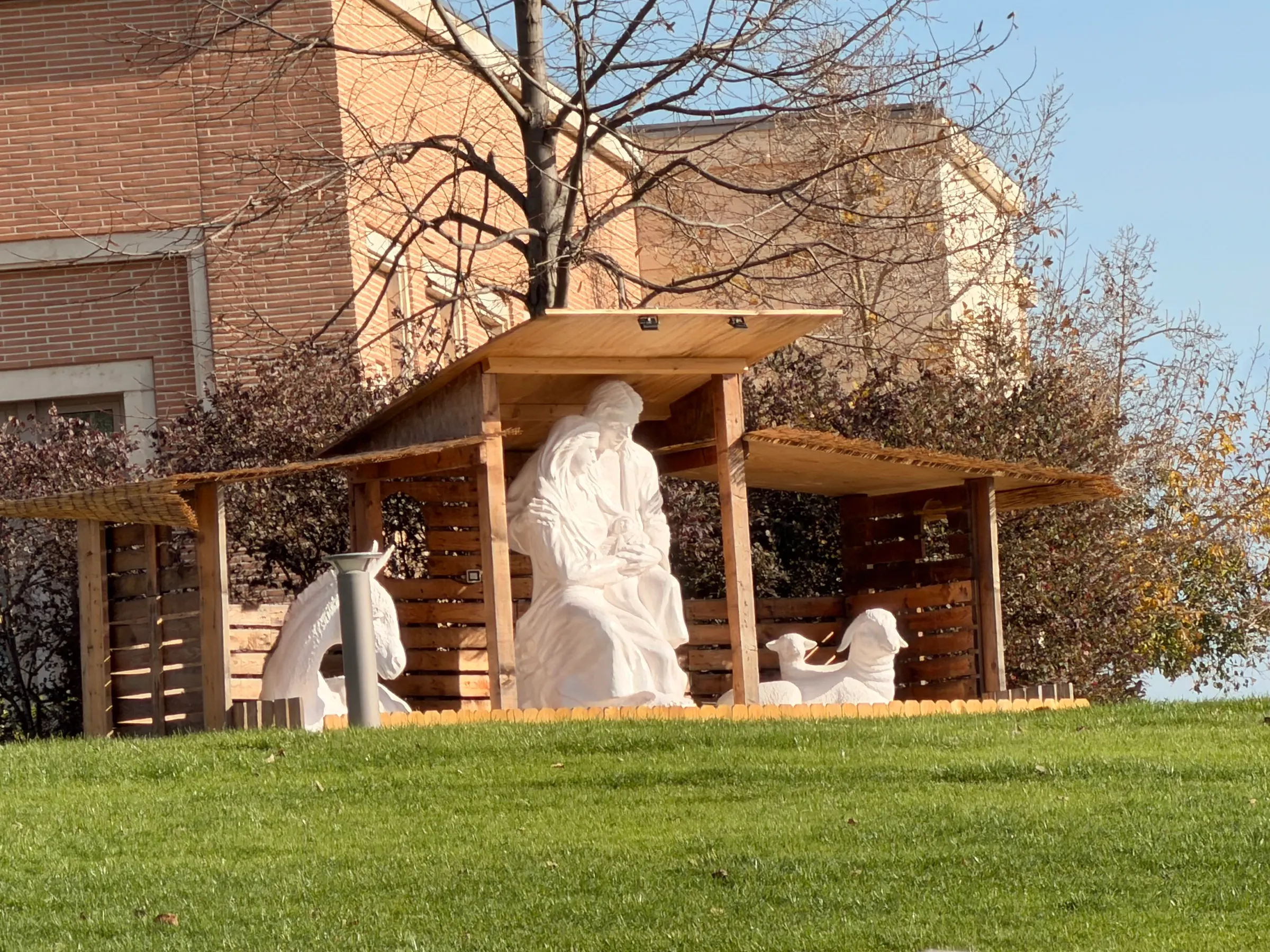 A small manger scene on the temple grounds.