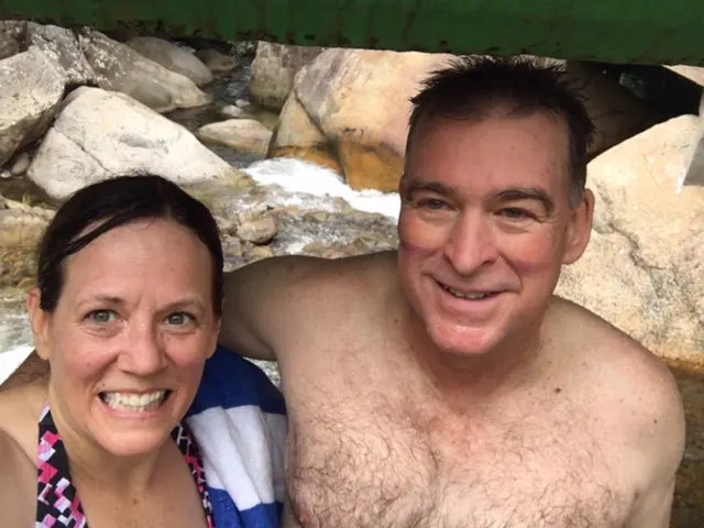 Happy campers. They put these stripes on our cheeks trying to make us look like warriors....Denise's have washed off. Mine are still there...kind of.