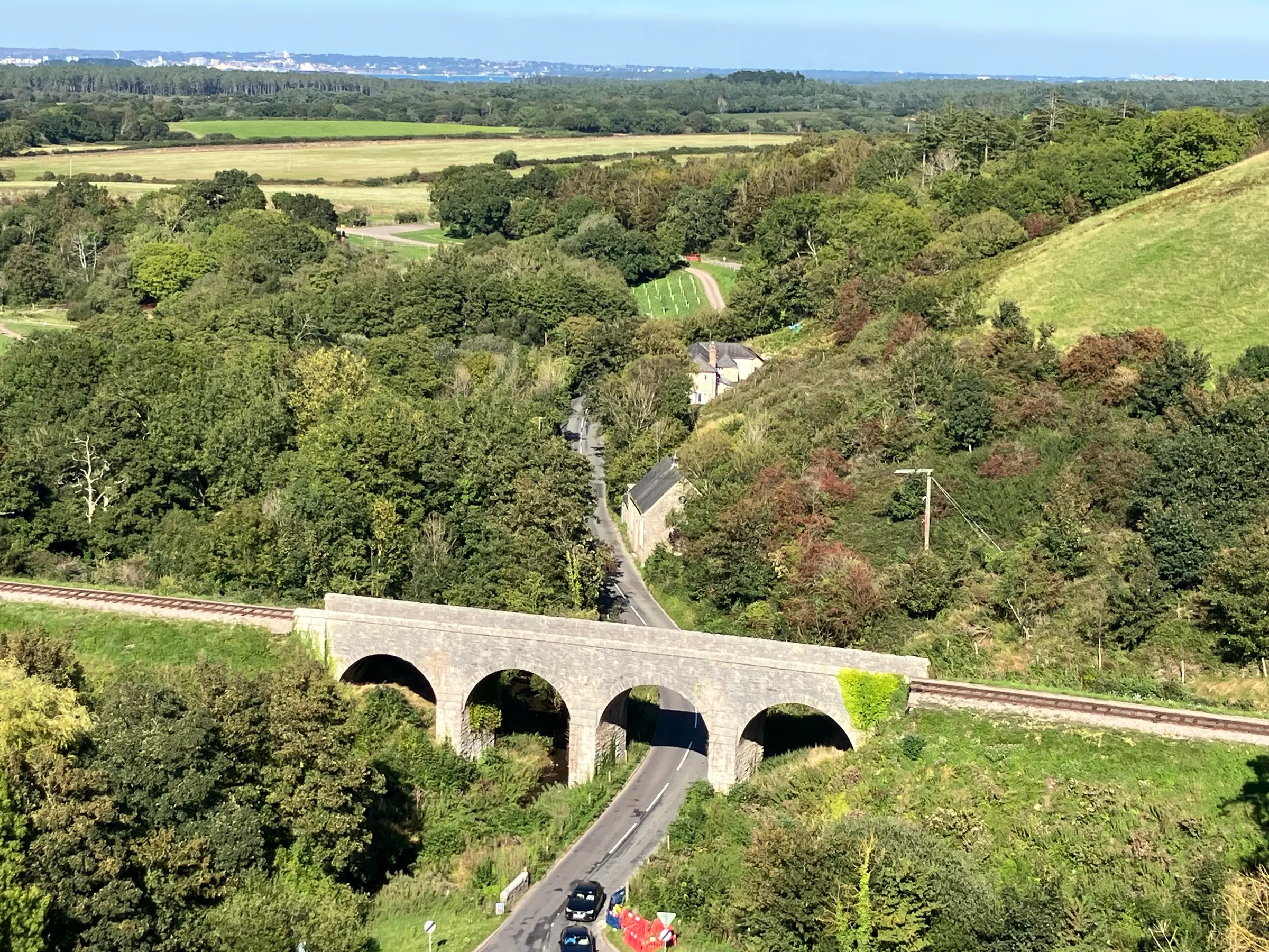 Old bridge seen below Corfe Castle for the train that comes into town here.