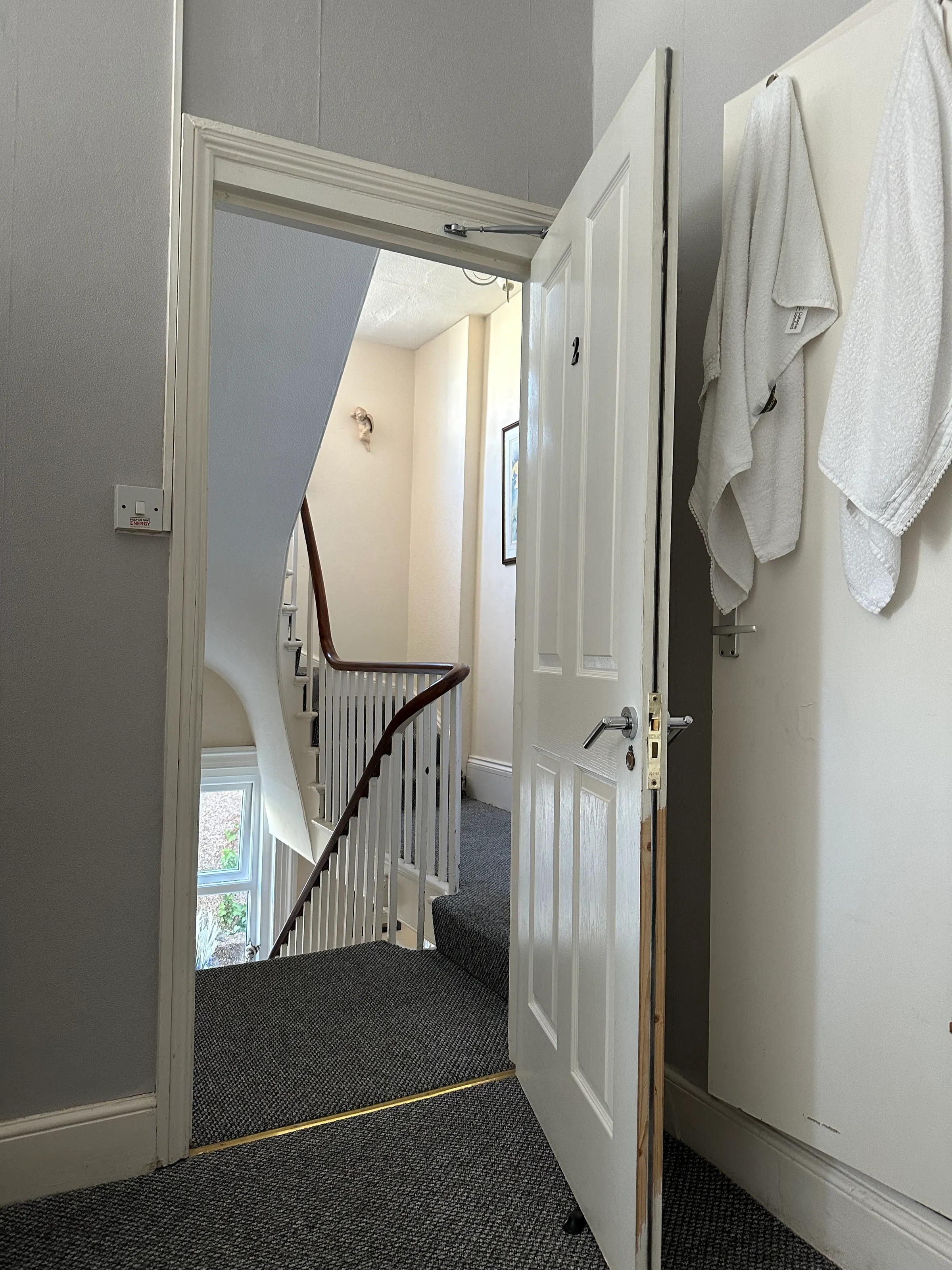 The stairs leading up to our room at the White Cliff House were we stayed in Sandown.