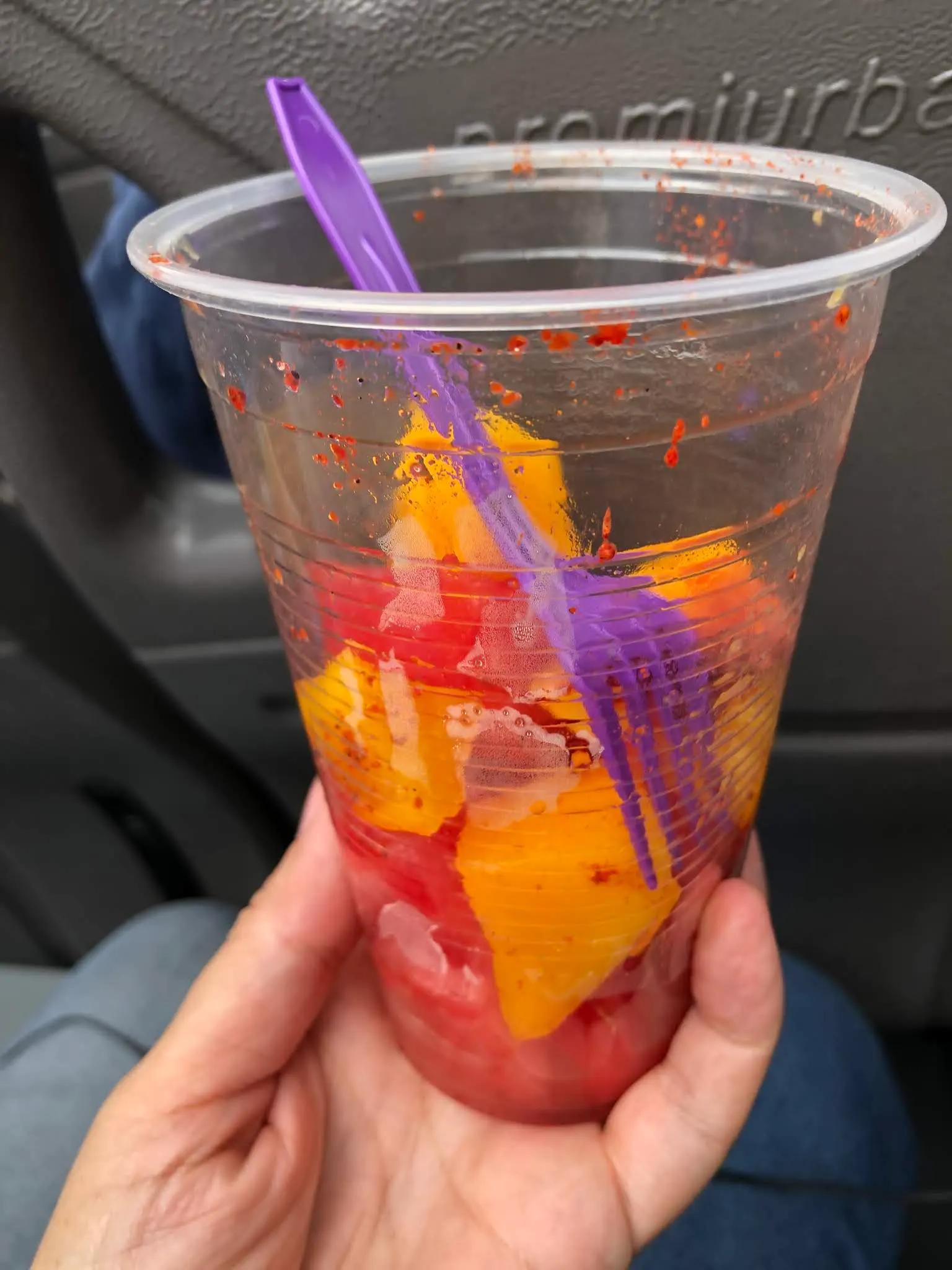A melon cup with picante stuff on it. Quite good....Mango, Watermelon, etc..