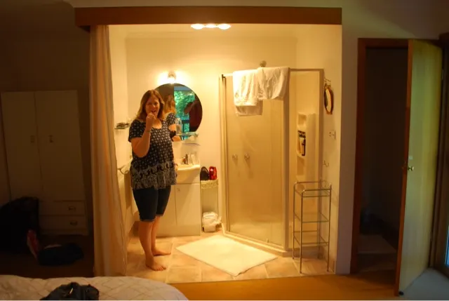 The bathroom off the bedroom. Worked out well. Interesting design though.