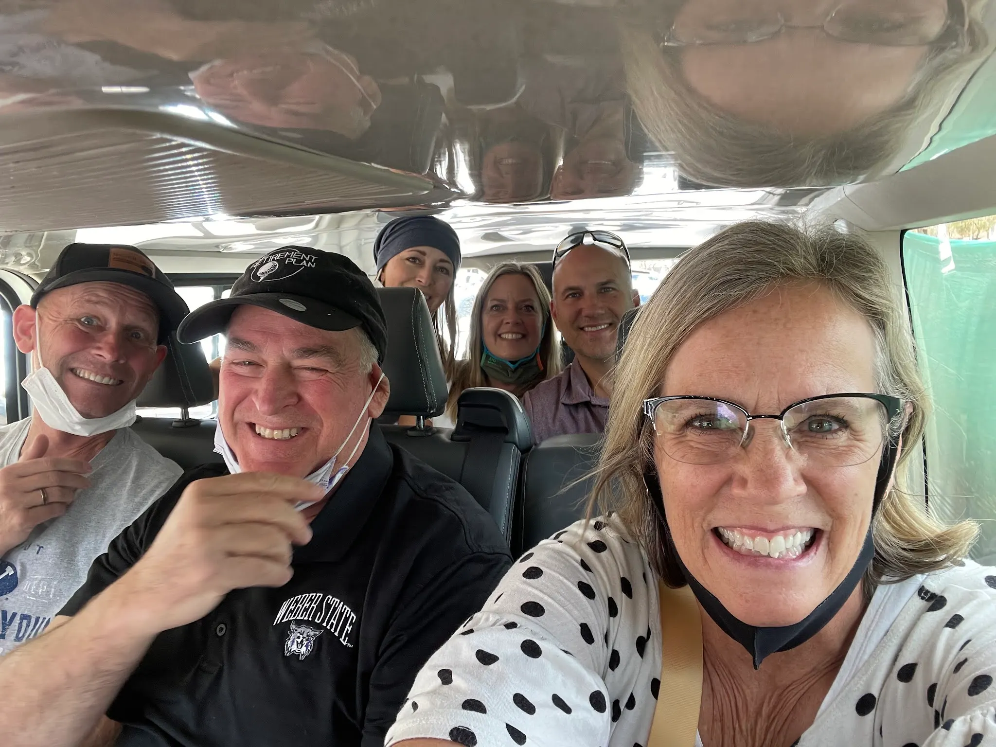 Having a good time in the van to our BNB….