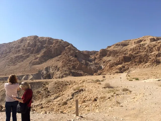 Qumran site where the Dead Sea scrolls were uncovered...you can see caves on the side of the hill...