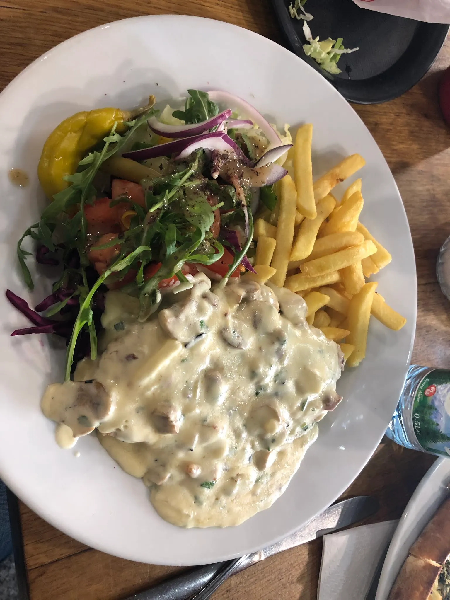 Schnitzel covered in a mushroom sauce with chips and salad.
