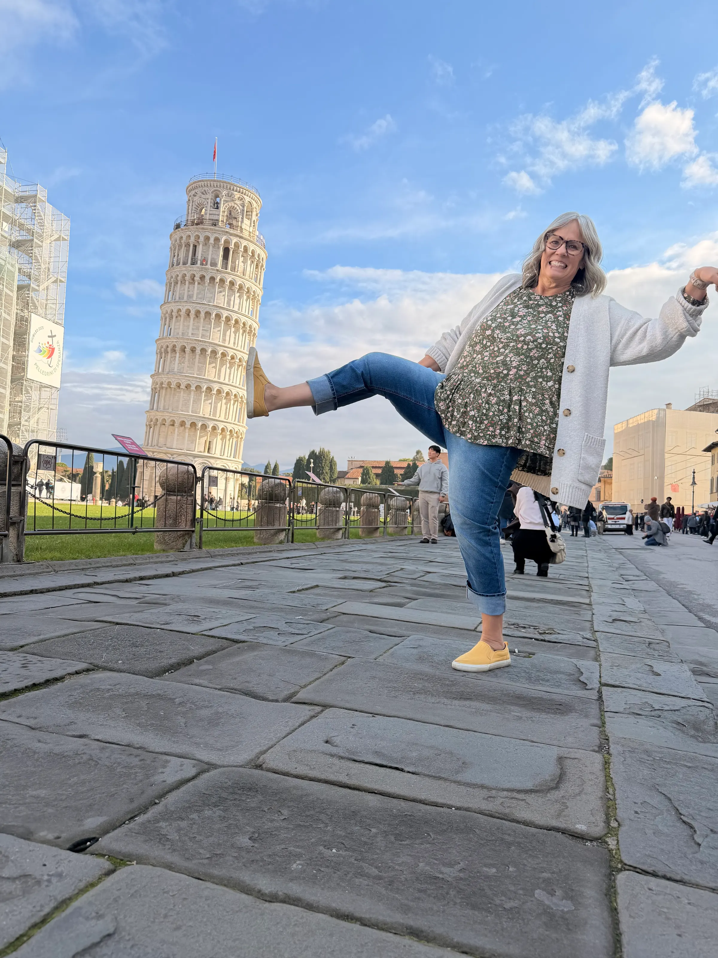 Denise got tired of the tower and just wanted to kick the darn thing over. She couldn’t do it though. Bad knees I guess.