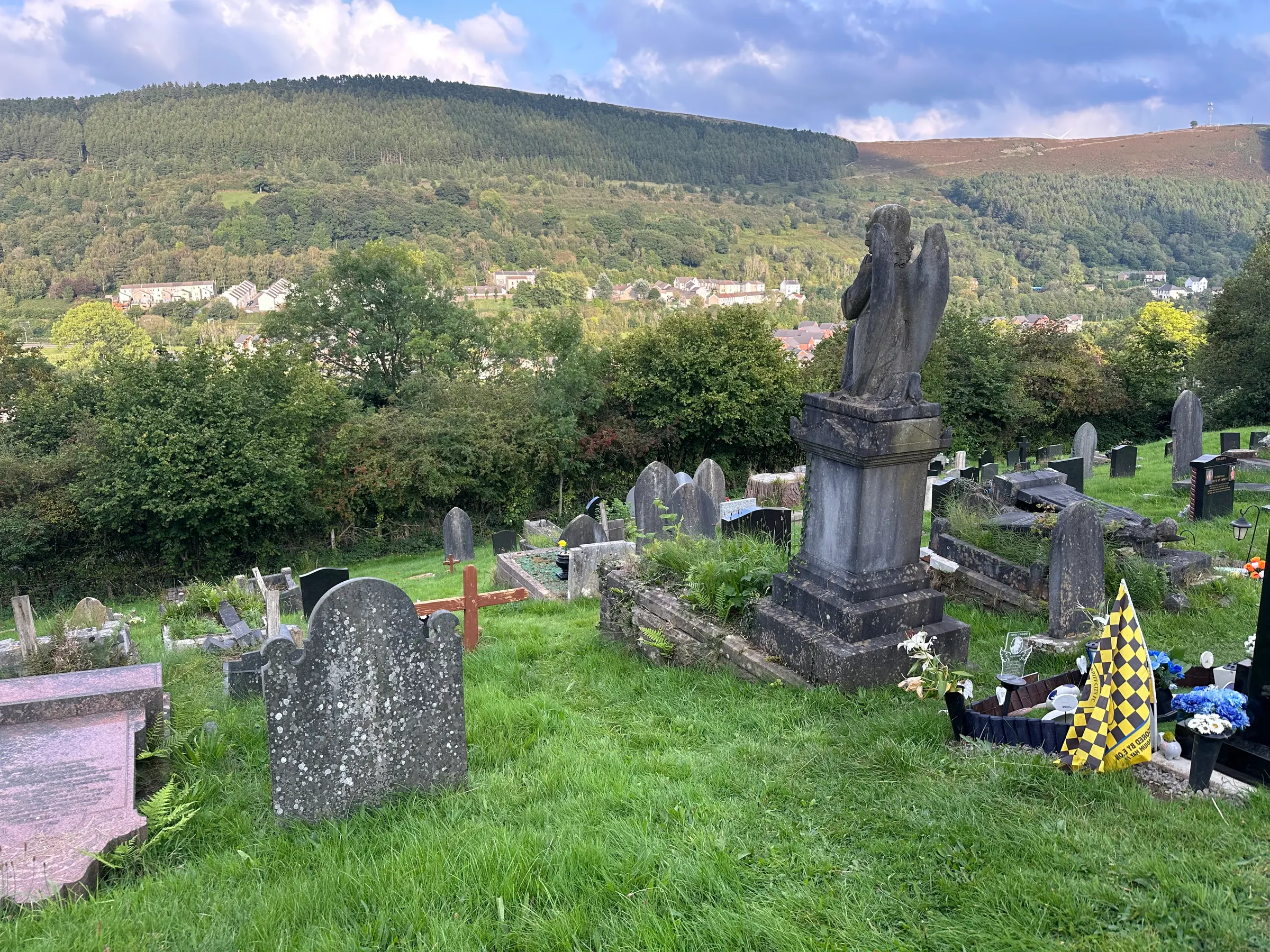 A view from the graveyard in Aberfan that looks out across the little town and valley.