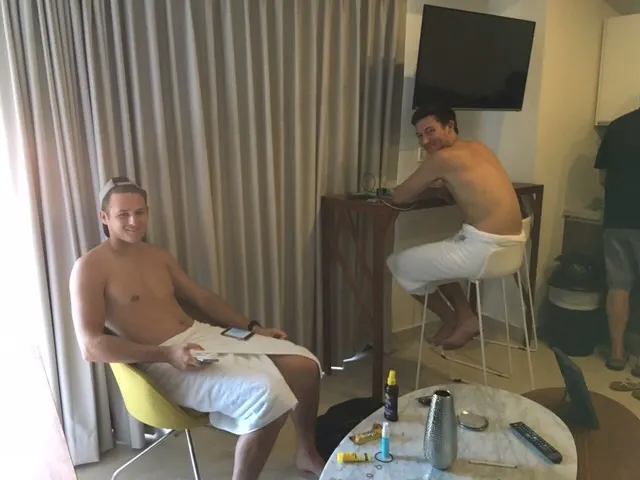 Boys without their suits....suits are in the dryer.