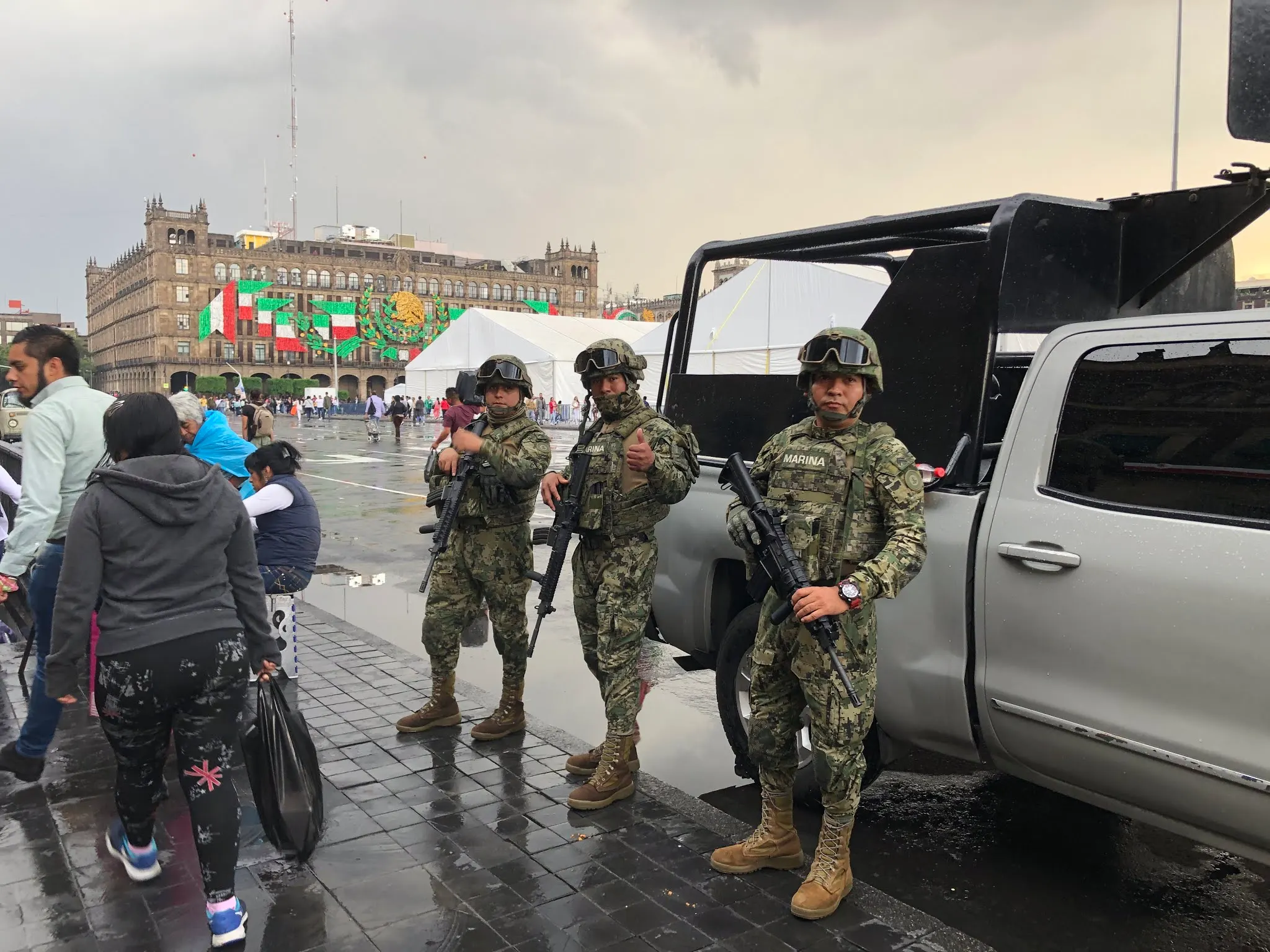 Military guarding the subway entrance at the main plaza in Mexico City.....