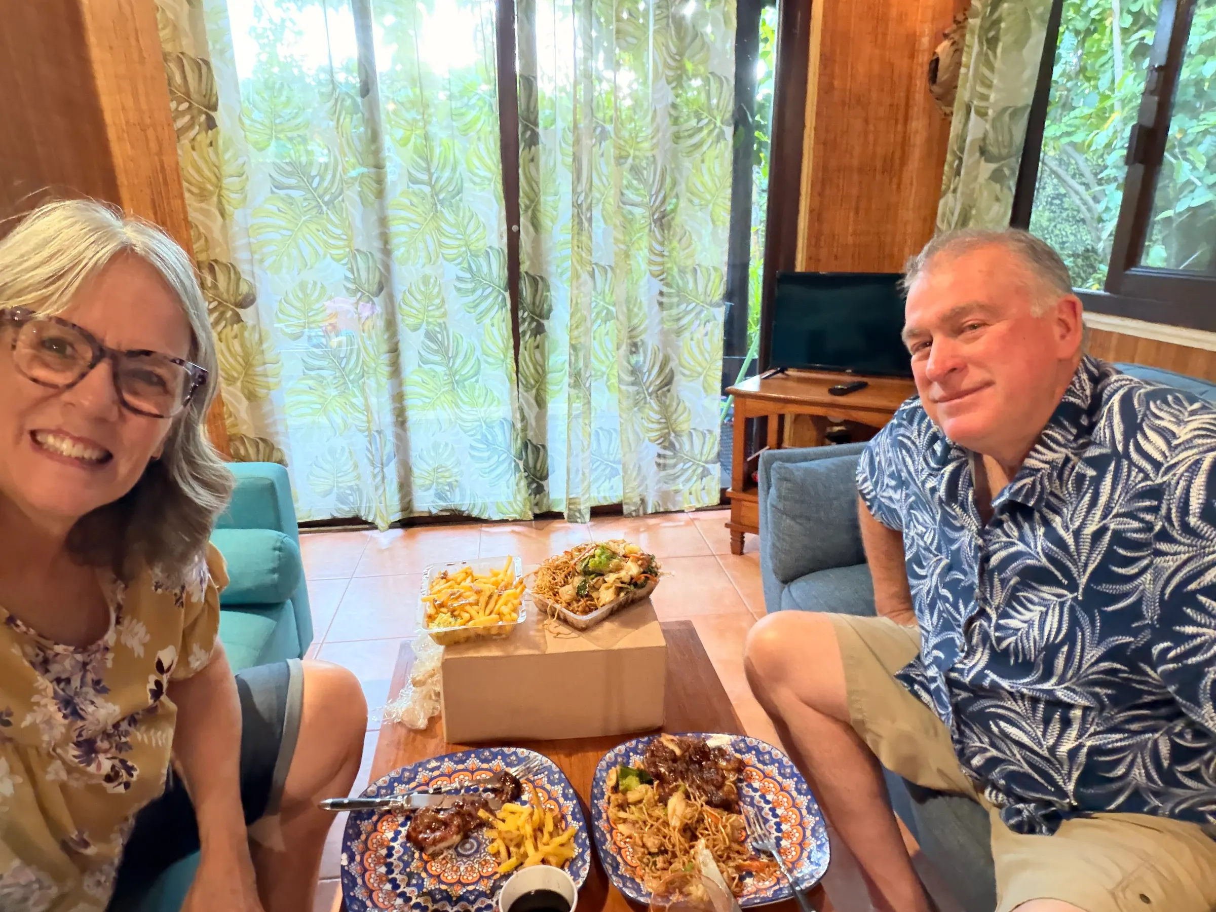 Enjoying our take out dinner.