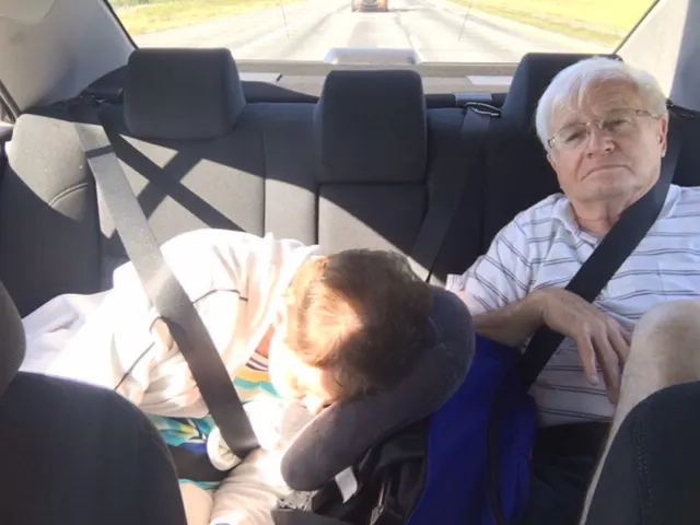 At least one stayed awake for the 1.5 hour drive....but actually, he was just waking up.