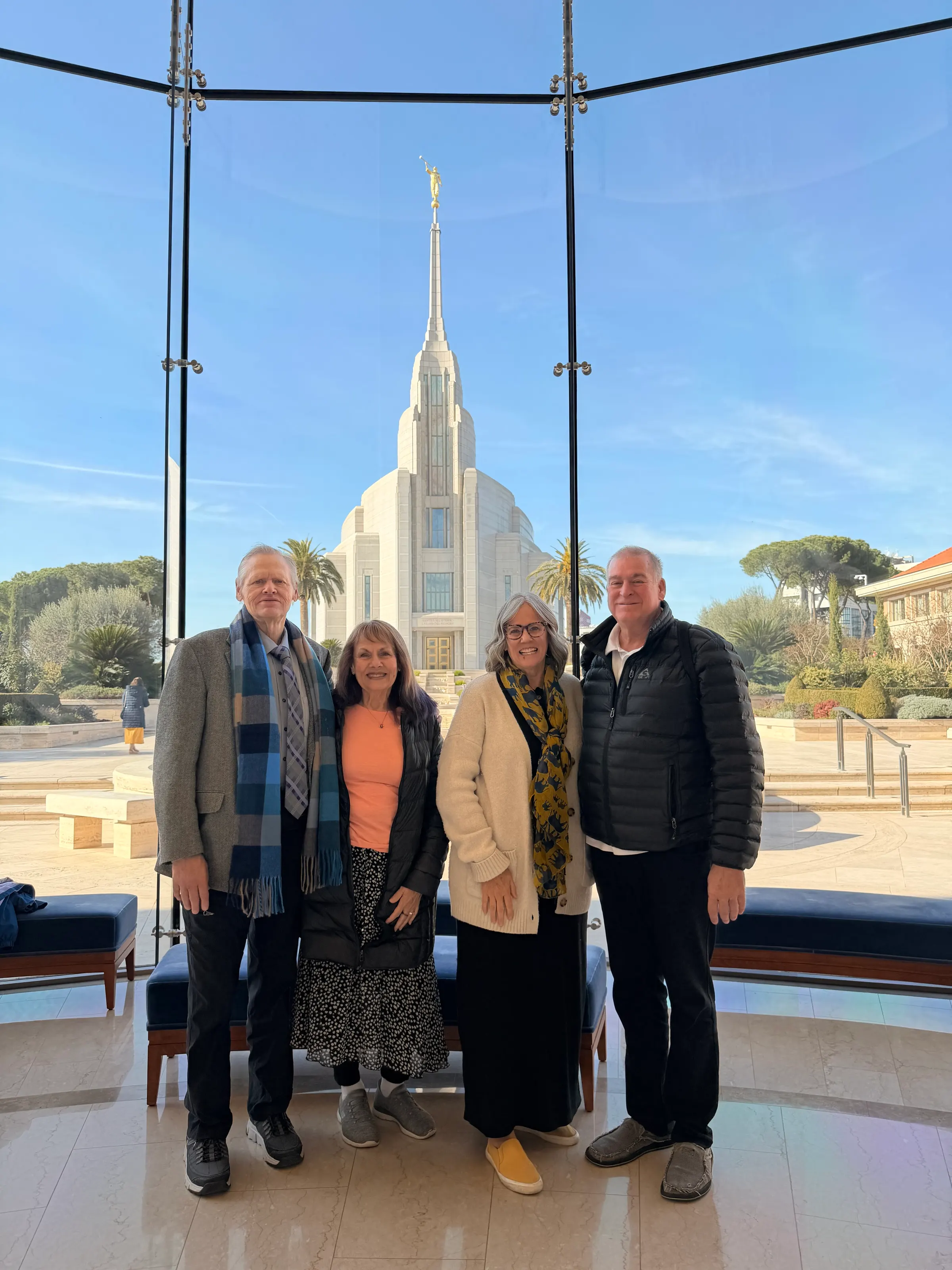 Us in the visitor center with the temple in the background.