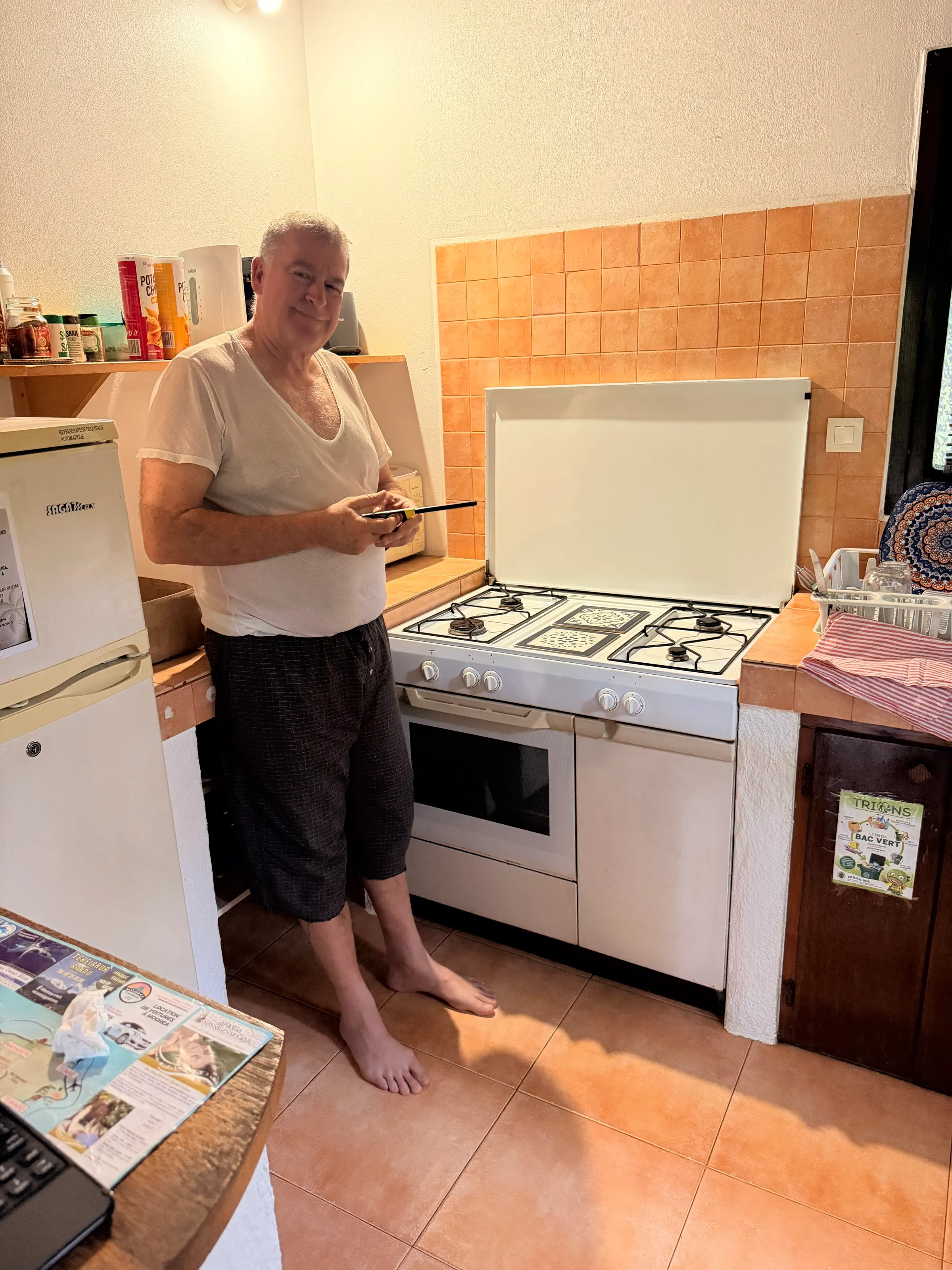 The chef making breakfast. I couldn’t get the fire stick to light so I could light the burners. Fortunately he had matches there.