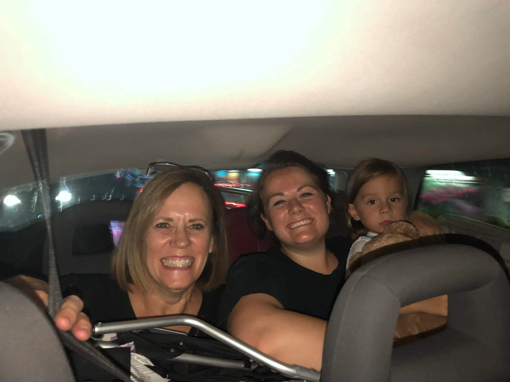 Crammed into a van. Truly amazing we all fit with luggage and all....