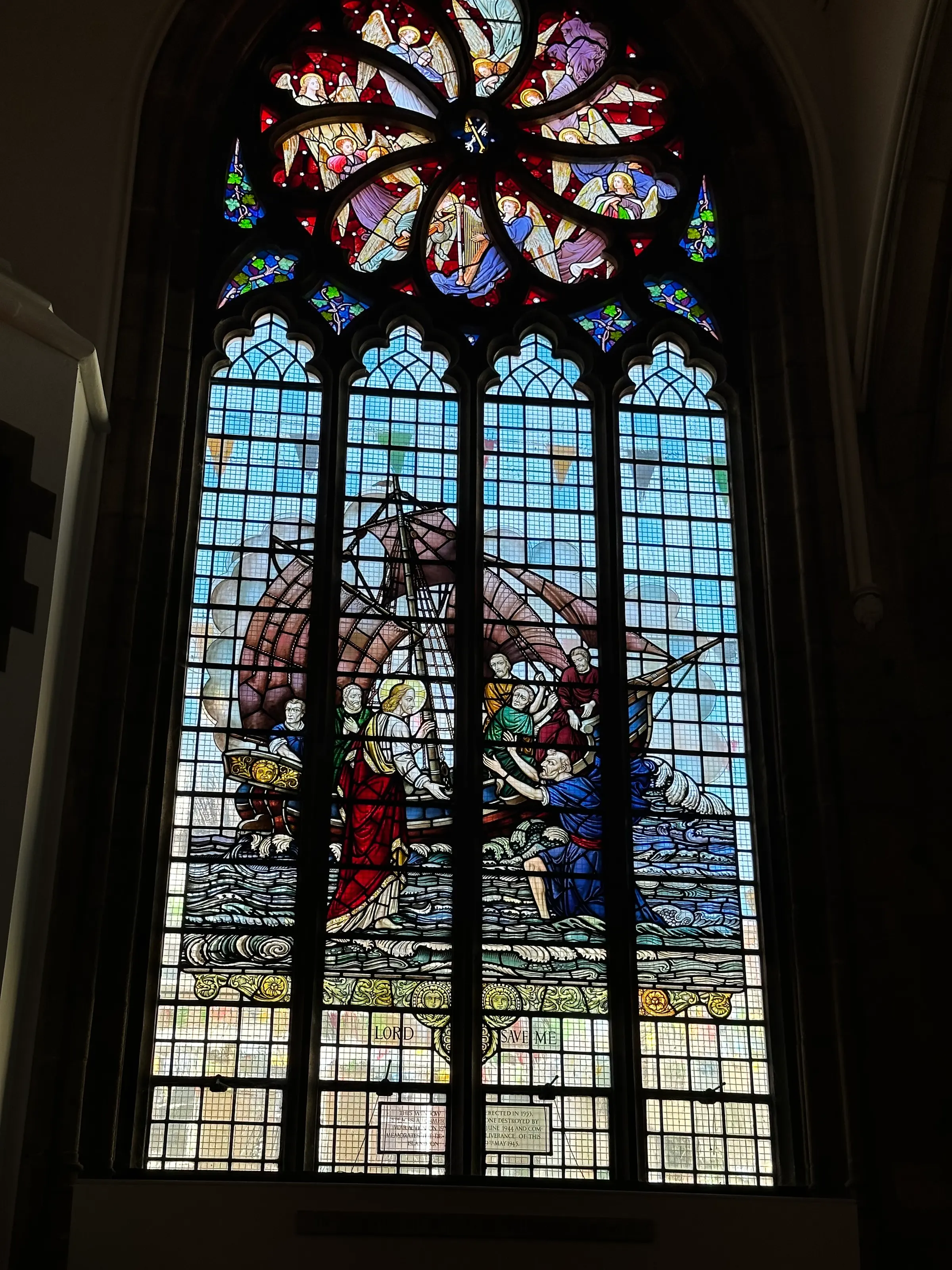 We popped into a church and I liked this stained glass window of Jesus walking on water with Peter when he loses his faith and begins to sink. Very pretty it is.