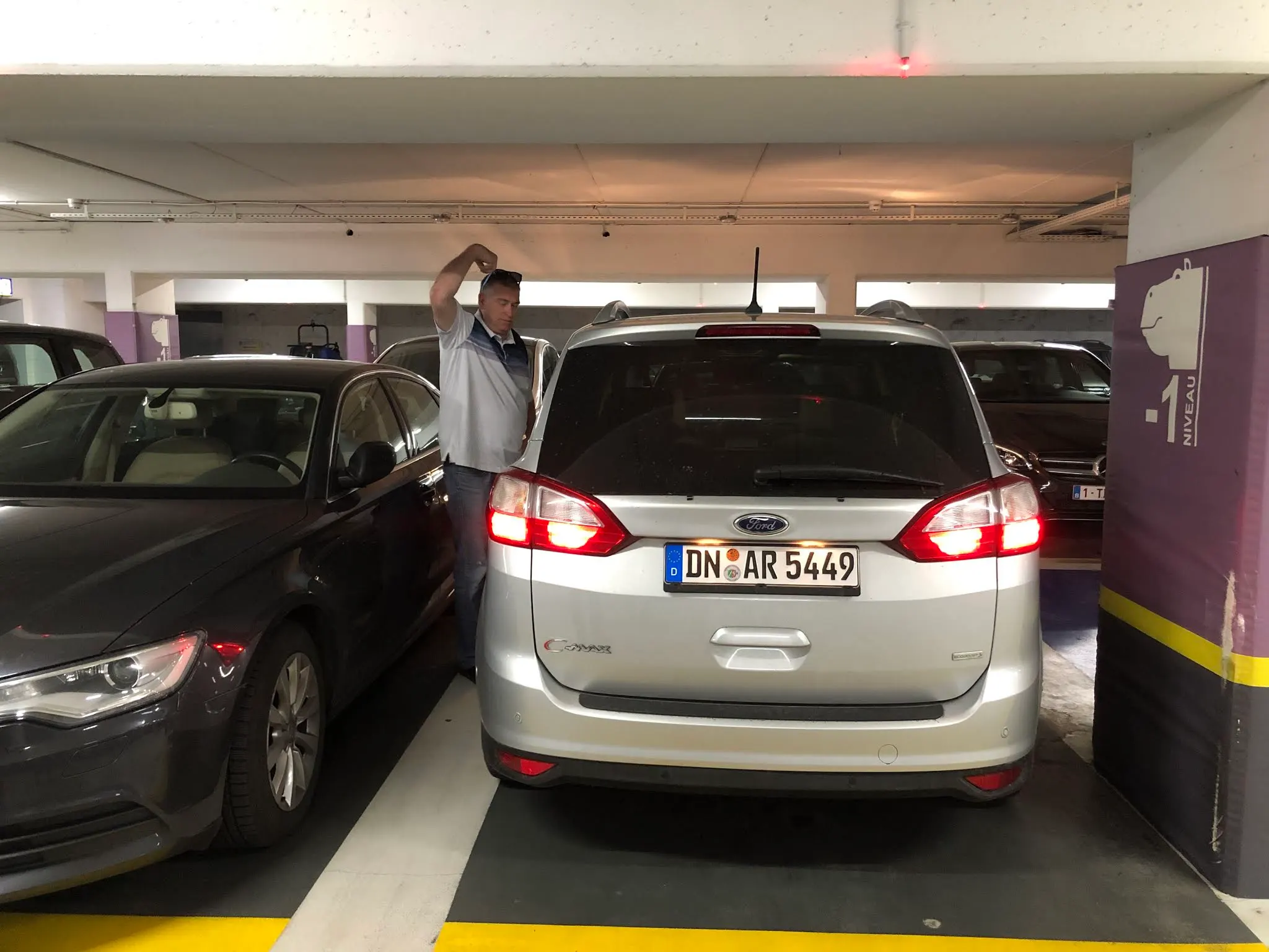 Tight squeeze into car park.