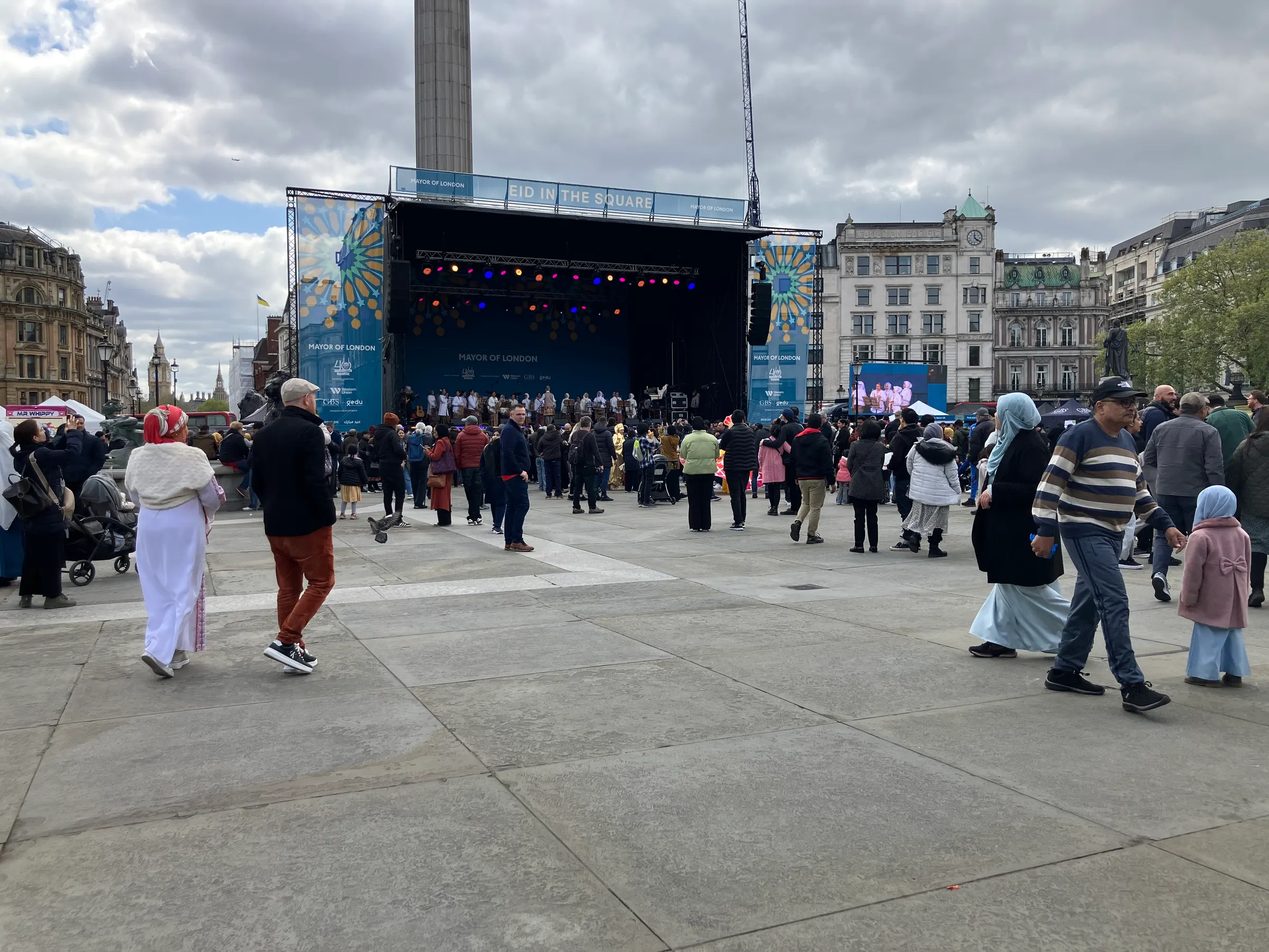 Trafalgar Square was the central set up for the EID celebration on Saturday. Lots of dancing, singing and so on. We sat there and watched people and listened to the entertainment or a good 45 minutes.