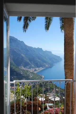 In hotel lobby looking down the coast. Hotels were amazing in Ravello.