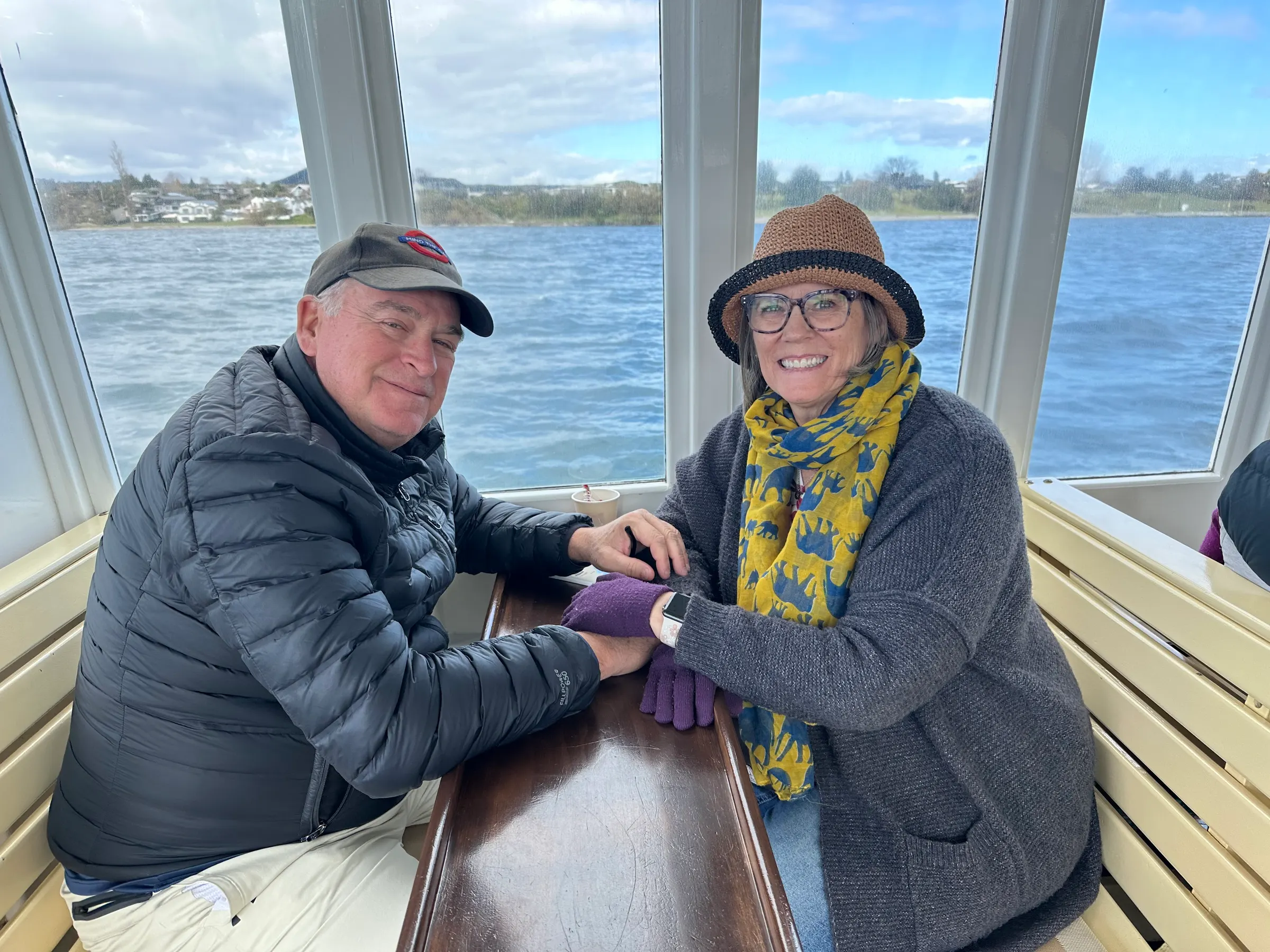 Enjoying our cold boat ride on the lake….
